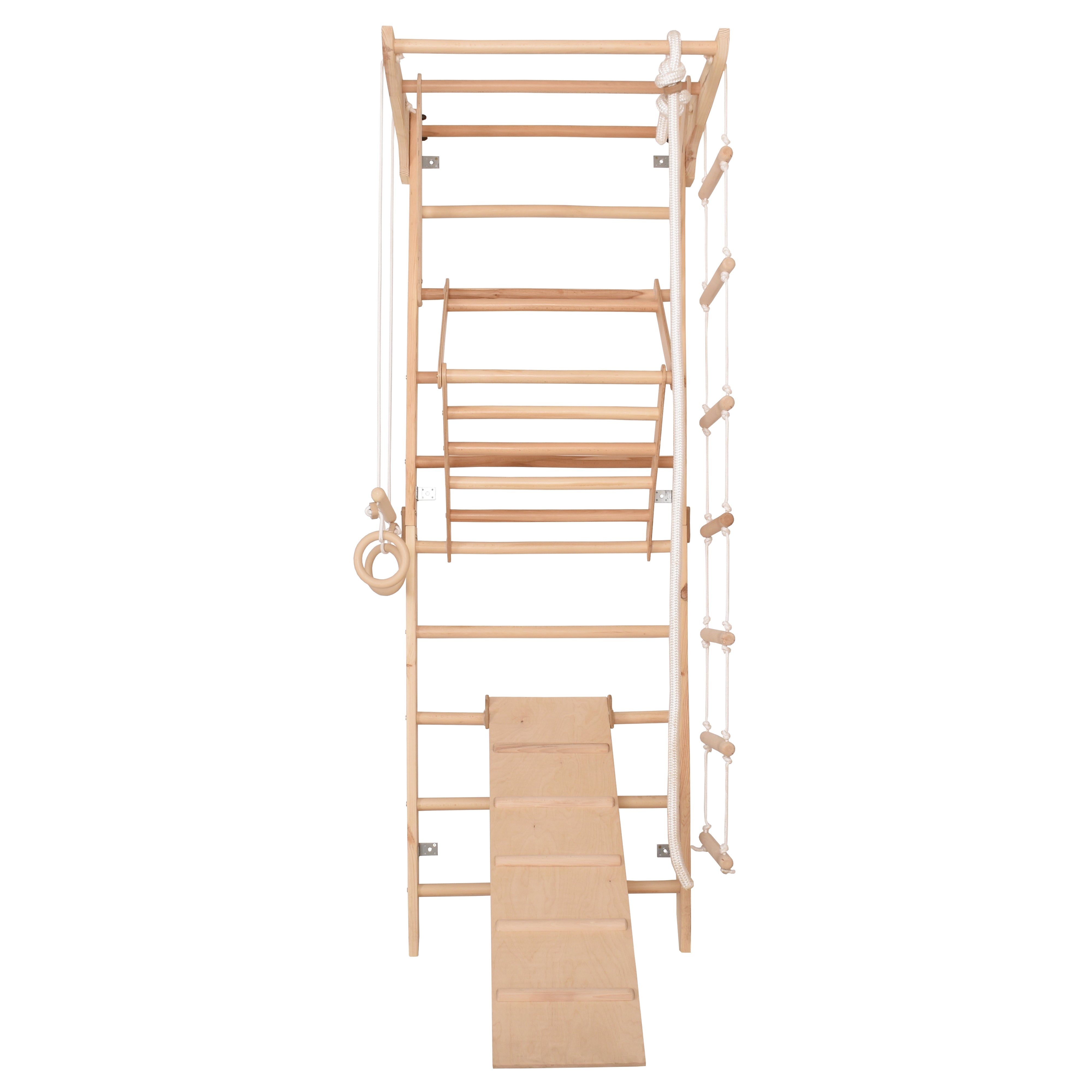 Kletterwand für Kinder und Erwachsene – Klettergerüst Indoor aus Holz mit Wand-Reck, Stange, Gymnastikringen, Kletterseil, schwedischer Leiter,  höhenverstellbarer Klimmzugstange & beidseitiger Kletterrampe – Kinder 3 mit kindersicherem Lack