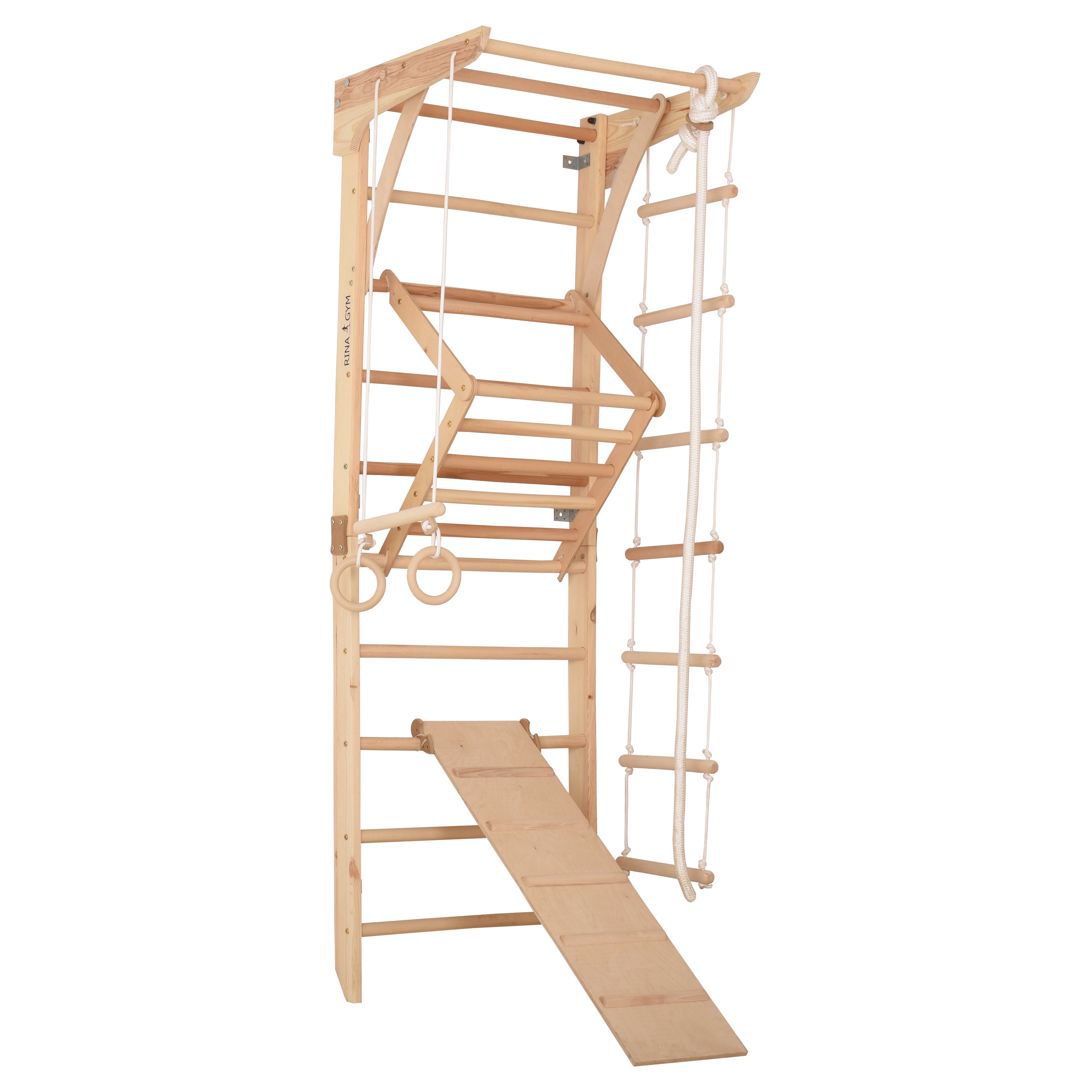 Kletterwand für Kinder und Erwachsene – Klettergerüst Indoor aus Holz mit Wand-Reck, Stange, Gymnastikringen, Kletterseil, schwedischer Leiter,  höhenverstellbarer Klimmzugstange & beidseitiger Kletterrampe – Kinder 3 mit kindersicherem Lack
