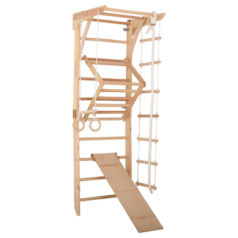 Kletterwand für die ganze Familie – Klettergerüst Indoor aus Holz mit Wand-Reck, Stange, Gymnastikringen, Kletterseil, schwedischer Leiter,  höhenverstellbarer Klimmzugstange & beidseitiger Kletterrampe – 3 mit sicherem Lack