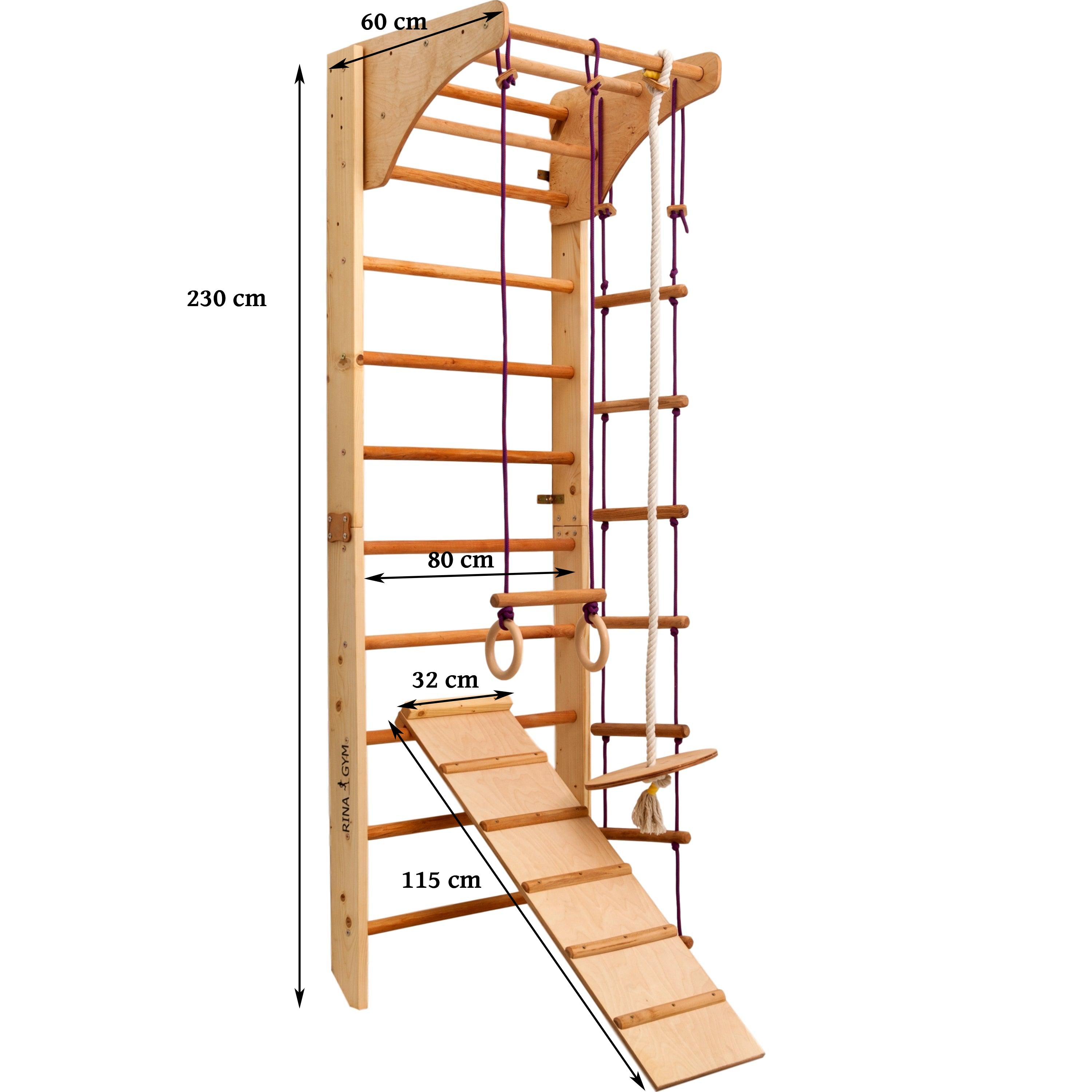 Climbing wall for children - indoor wooden climbing frame, wall bar, bar, gymnastic rings, climbing rope, removable beam, Swedish ladder, slide (Kombi 3)