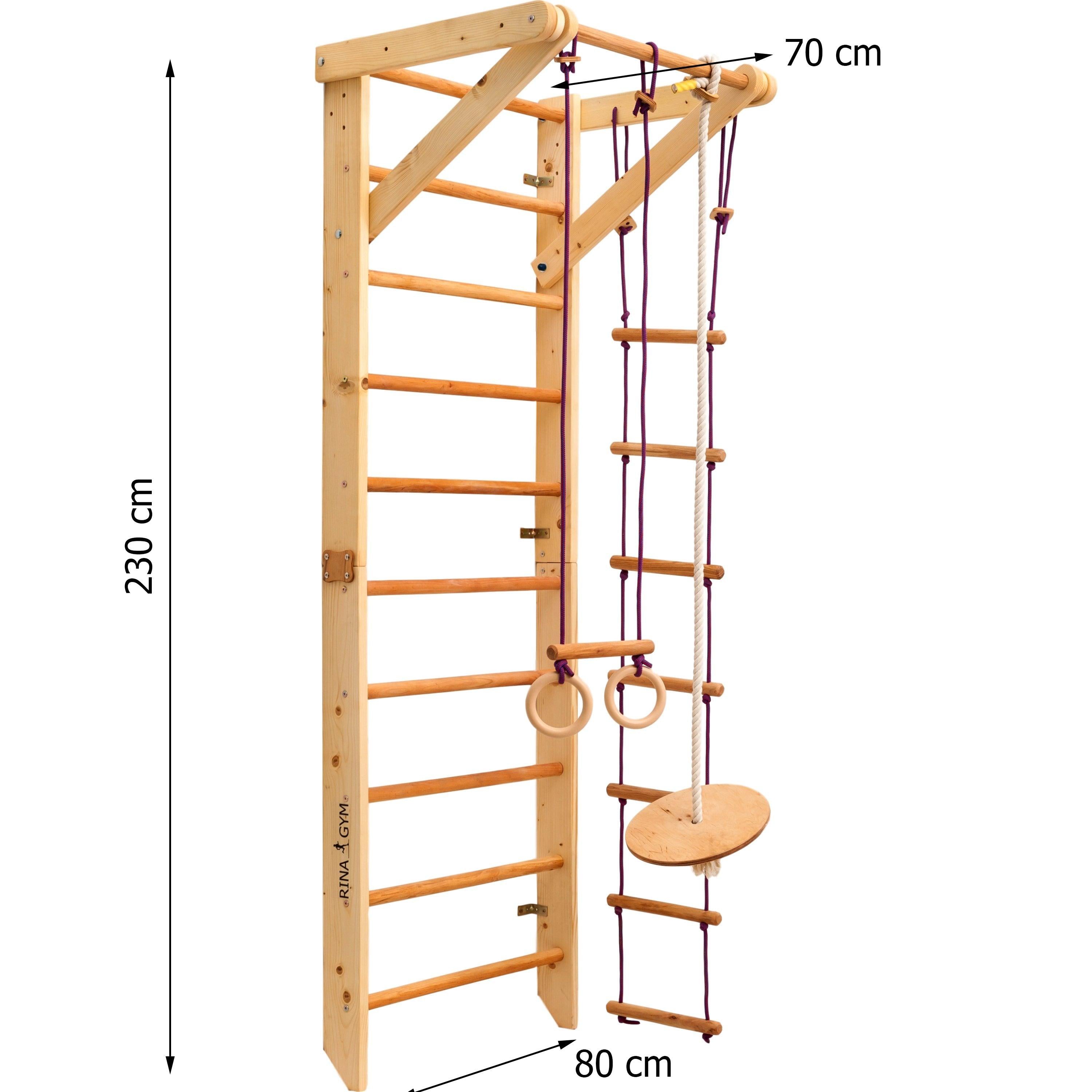 Kletterwand für Kinder - Indoor Klettergerüst aus Holz - Wand-Reck, Stange, Gymnastik-Ringe, Kletterseil, schwedische Leiter, Schaukel, Montagesatz. - RINAGYM GmbH