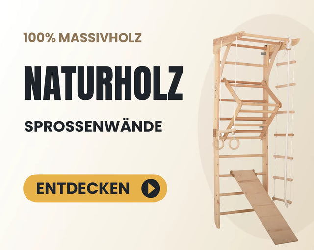 Sprossenwand Kinder 3 aus Massivholz mit Kletterrampe und Turnringen