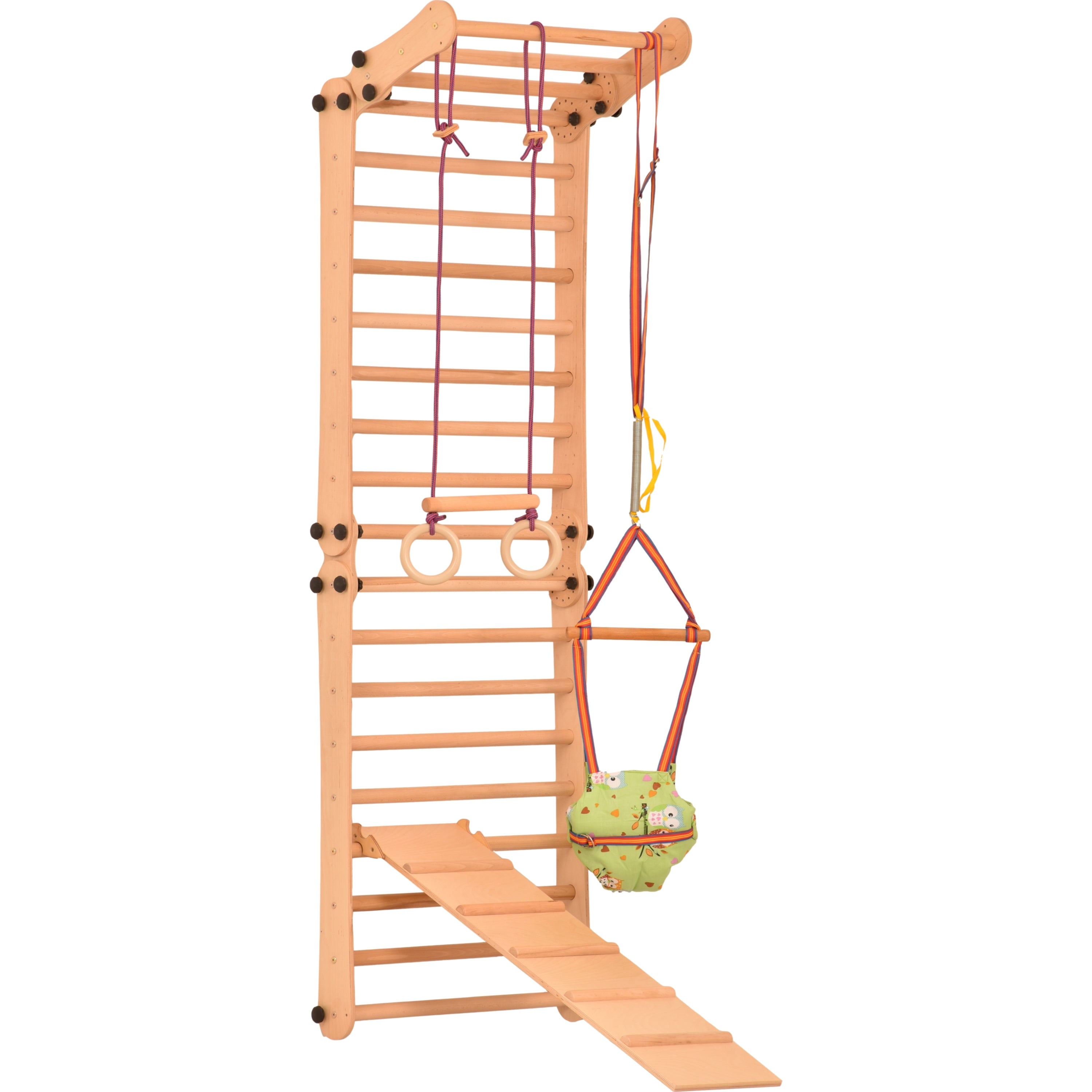 Climbing wall for children 2 in 1 - Climbing frame with Swedish climbing wall made of wood with 4 parts: a jumper, a net, gymnastic rings, a Swedish ladder, a slide. Indoor 
climbing frame for toddlers 3P9P9P+SLIDE