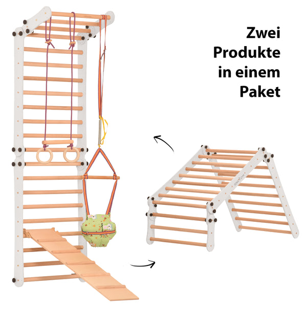 Sprossenwand für Heimtraining mit Kletternetz, Turnringen & Seil – Indoor-Fitnessgerät für Kinder & Erwachsene, wand- & bodenmontierbar 3P9P9P+SLIDE-WHITE