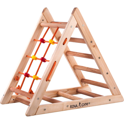 Rinagym Triangle Climbing Ladder for Kids - Foldable Wooden Indoor Gym and Playground - Wood Climber Steps, Play Net - Activity Centre for Children - Holds Up to 60kg Weight (pine)
