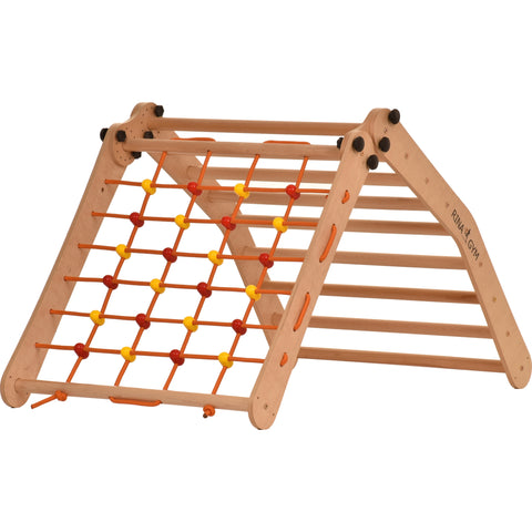 Rinagym Climbing Triangle - Indoor ladder with climbing net - Collapsible wooden indoor climbing frame for children, promotes balance -Water-based paint & varnish, safety lock - 50 kg load capacity (9g7s)