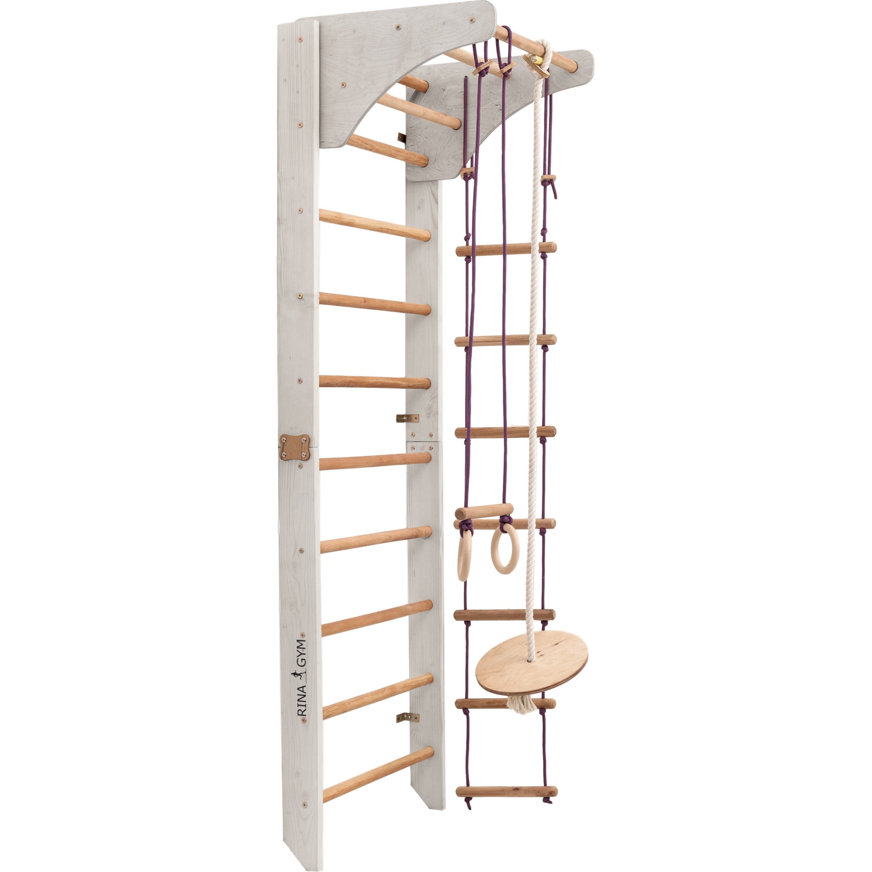 RINAGYM Gymnastics Play Set for Kids - Wooden Indoor & Outdoor Jungle Gym - Wall & Monkey Bars, Pole, Gymnastic Rings, Climbing Rope, Removable Beam, Swedish Ladder, Swing - Children 2yrs & Up (Kombi 2 white)