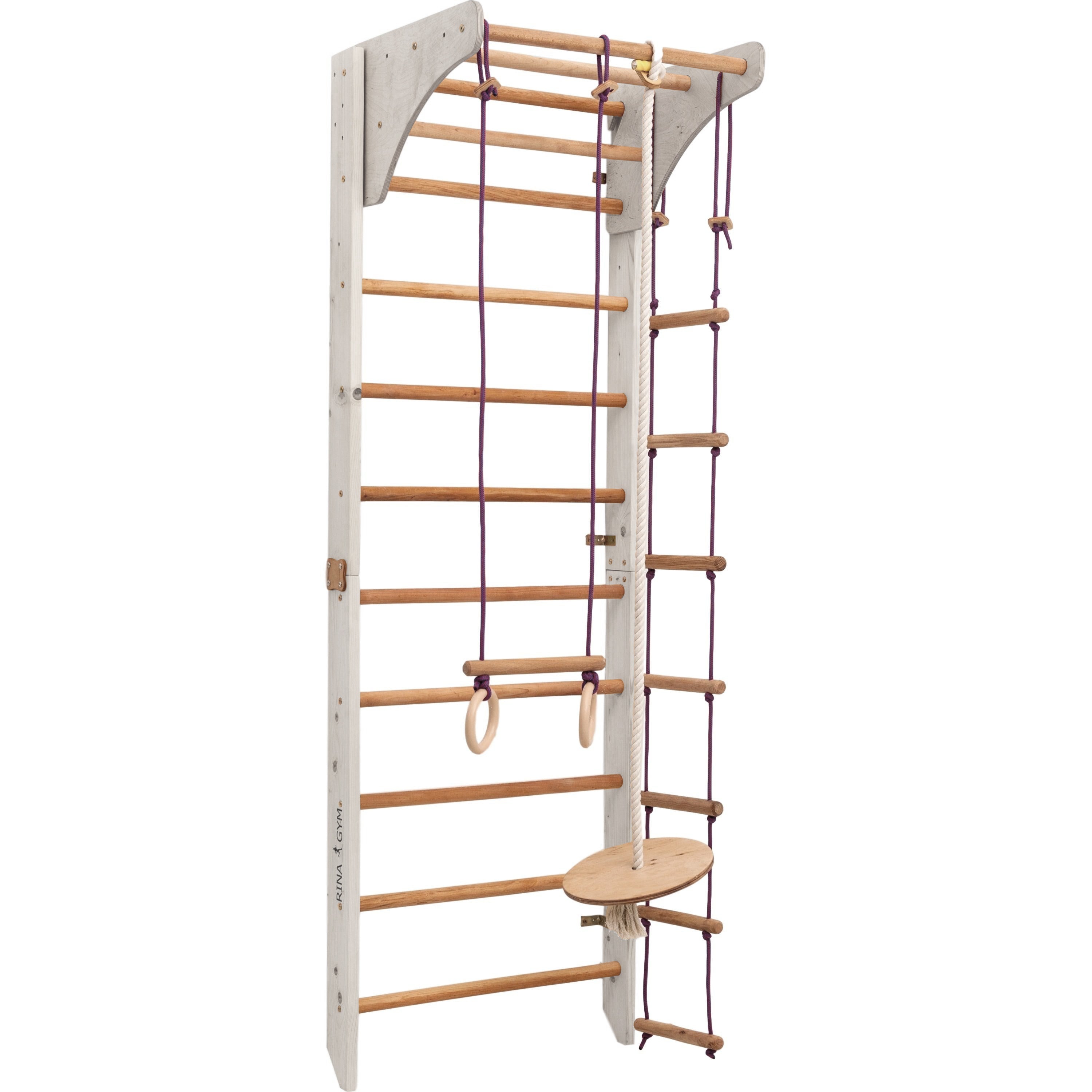 RINAGYM Gymnastics Play Set for Kids - Wooden Indoor & Outdoor Jungle Gym - Wall & Monkey Bars, Pole, Gymnastic Rings, Climbing Rope, Removable Beam, Swedish Ladder, Swing - Children 2yrs & Up (Kombi 2 white)