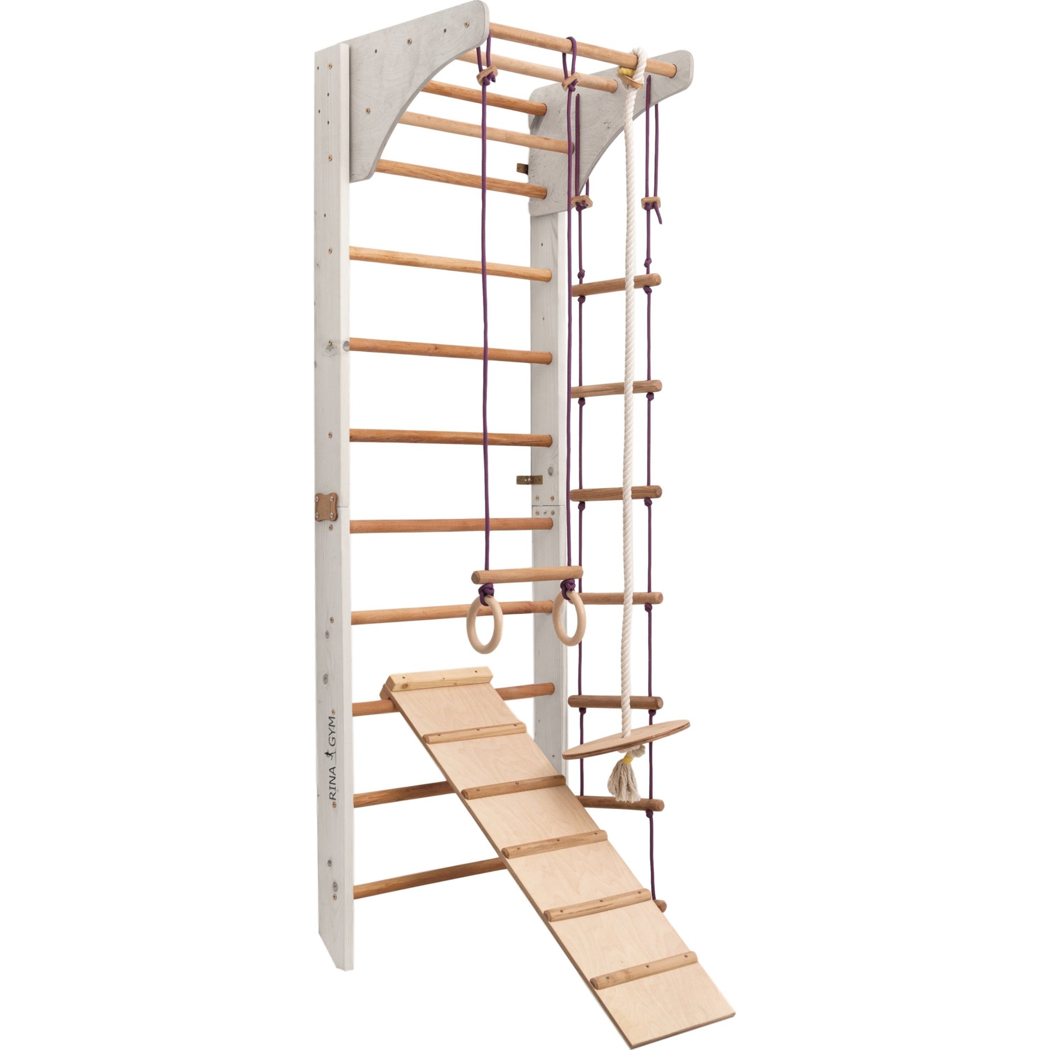 RINAGYM Gymnastics Play Set for Kids - Wooden Indoor & Outdoor Jungle Gym - Wall & Monkey Bars, Pole, Gymnastic Rings, Climbing Rope, Removable Beam, Swedish Ladder, Swing, Slide - Children 2yrs & Up (Kombi 3 white)