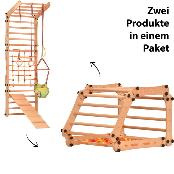 Multifunktionale Kletterwand für Kinder & Erwachsene – Sprossenwand mit Seil, Netz & Ringen für Heimtraining, platzsparend & flexibel 5P5P7S5P+SLIDE