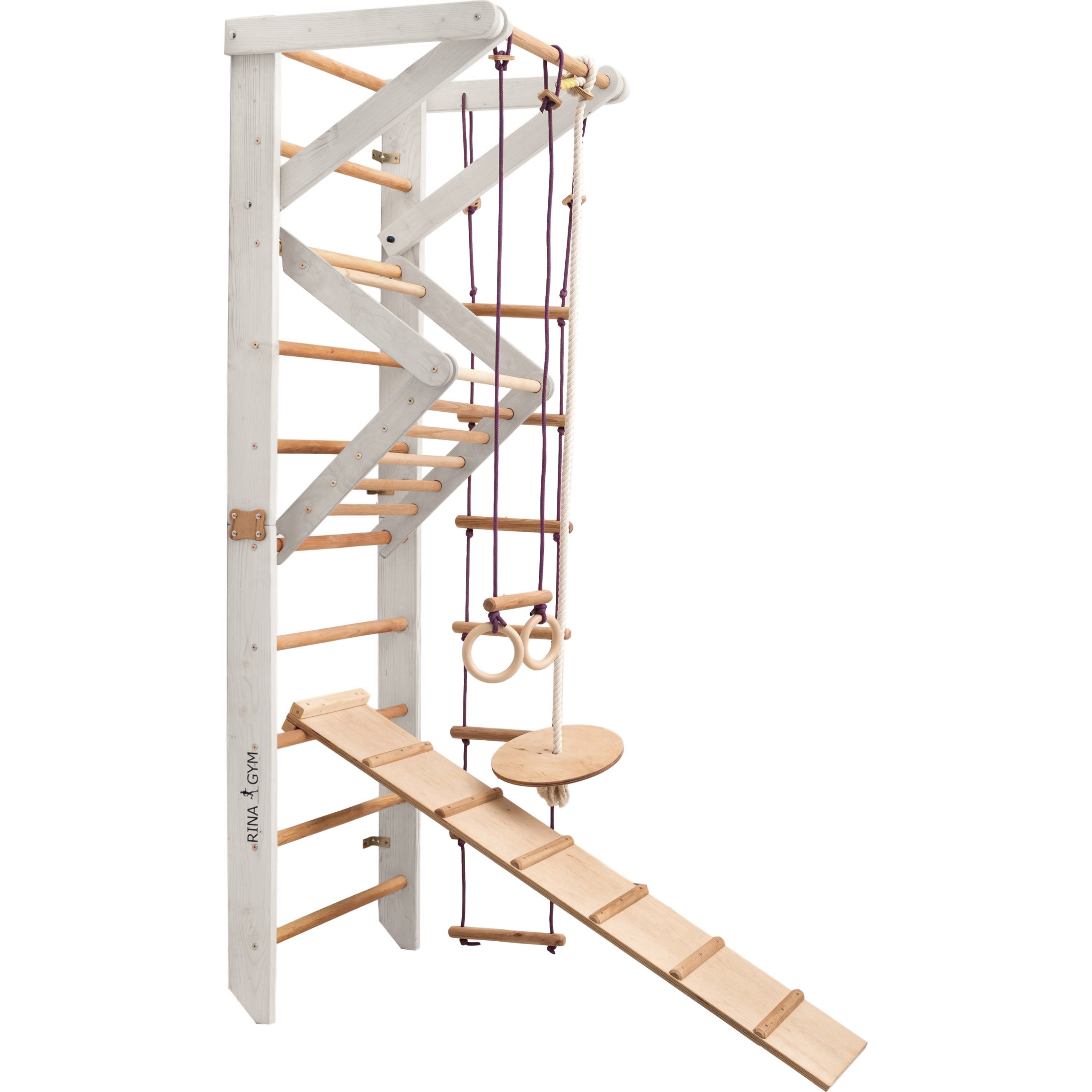 RINAGYM Terrain de Gymnastique Enfants - Jungle de Jeu Intérieur et Extérieur en Bois - Mur et Barres de Singe, Anneaux, Corde, Poutre, Échelle Suédoise, Balançoire, Toboggan - À Partir de 2 Ans (Sport 3 white)