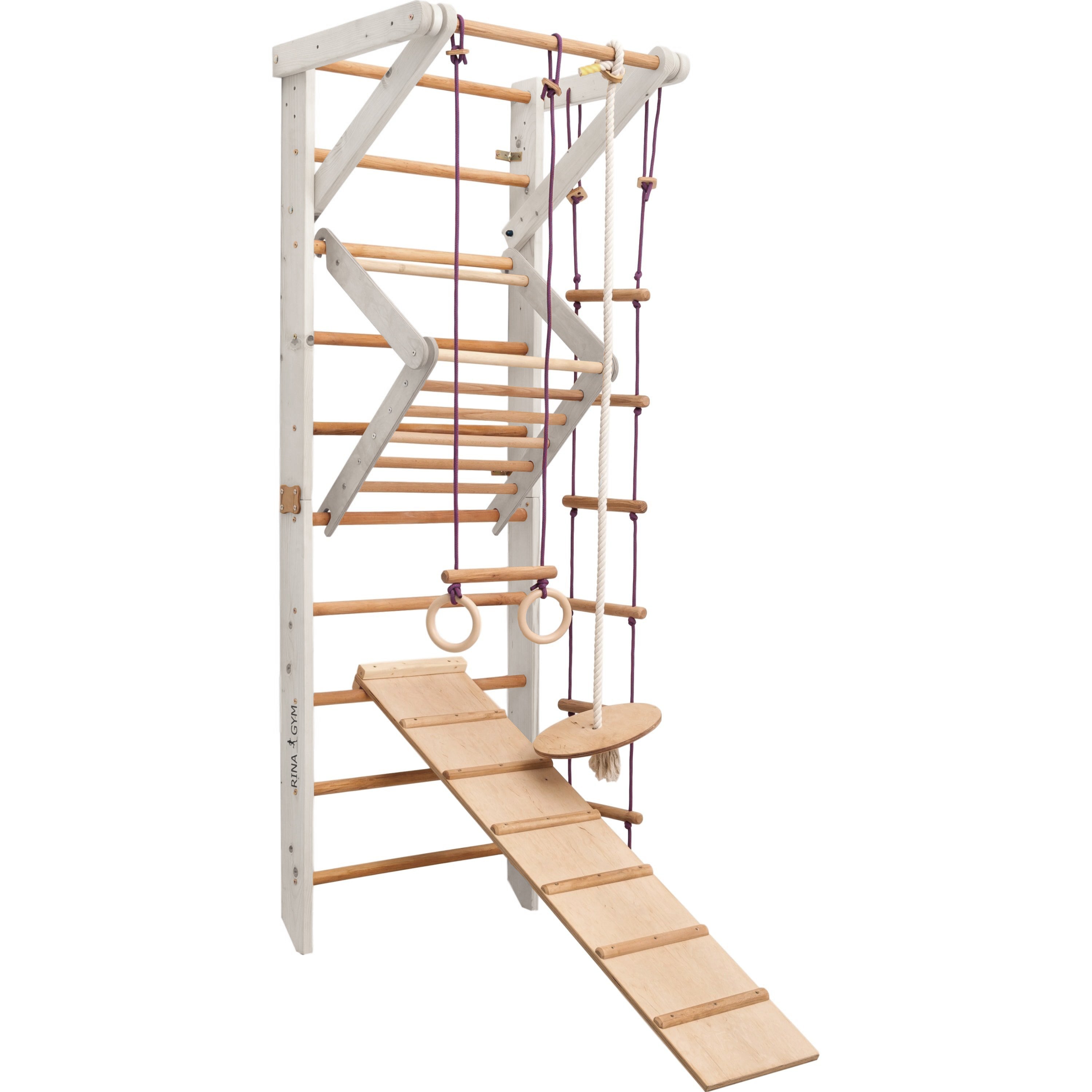 RINAGYM Terrain de Gymnastique Enfants - Jungle de Jeu Intérieur et Extérieur en Bois - Mur et Barres de Singe, Anneaux, Corde, Poutre, Échelle Suédoise, Balançoire, Toboggan - À Partir de 2 Ans (Sport 3 white)