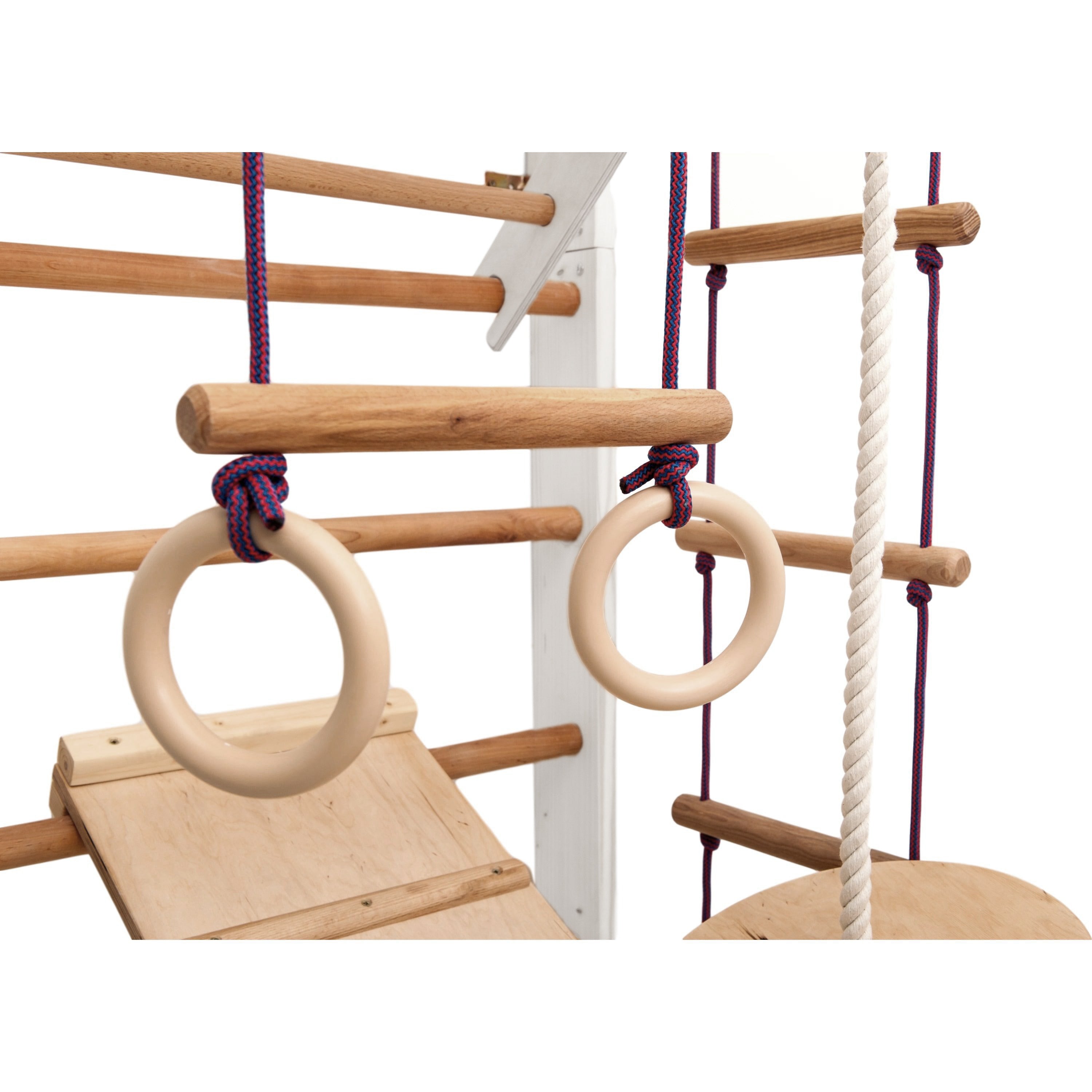 RINAGYM Gymnastics Play Set for Kids - Wooden Indoor & Outdoor Jungle Gym - Wall & Monkey Bars, Pole, Gymnastic Rings, Climbing Rope, Removable Beam, Swedish Ladder, Swing - Children 2yrs & Up (Kinder 2 white)