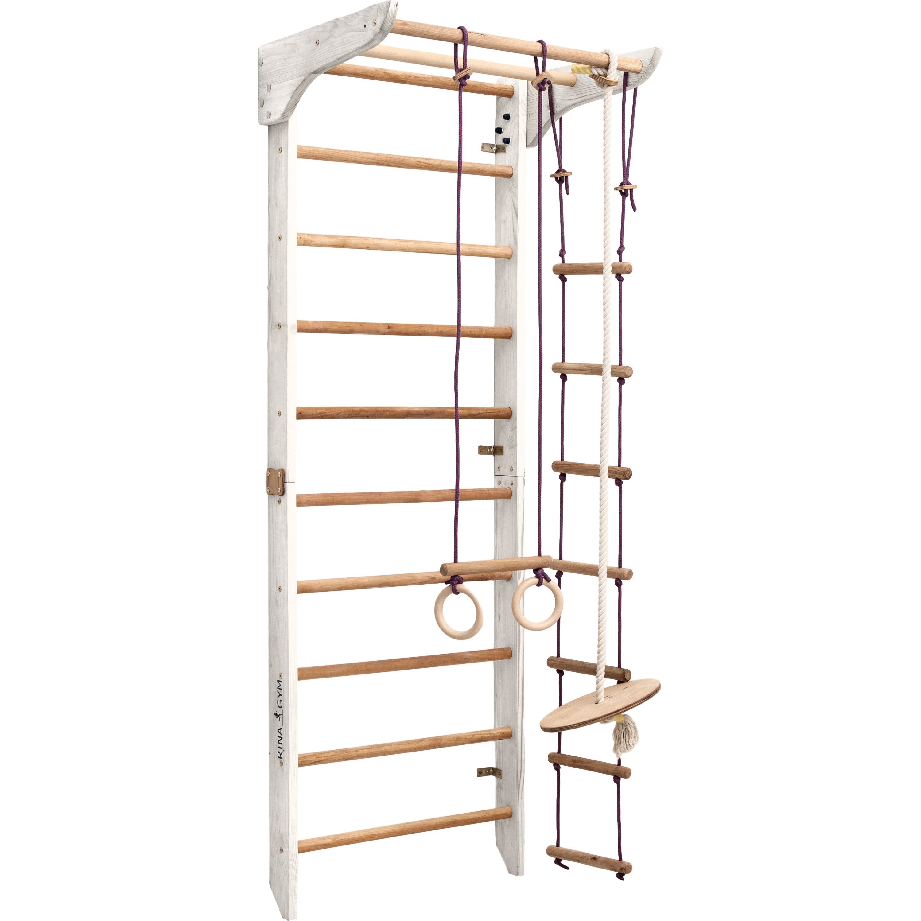 RINAGYM Gymnastics Play Set for Kids - Wooden Indoor & Outdoor Jungle Gym - Wall & Monkey Bars, Pole, Gymnastic Rings, Climbing Rope, Removable Beam, Swedish Ladder, Swing - Children 2yrs & Up (Kinder 2 white)