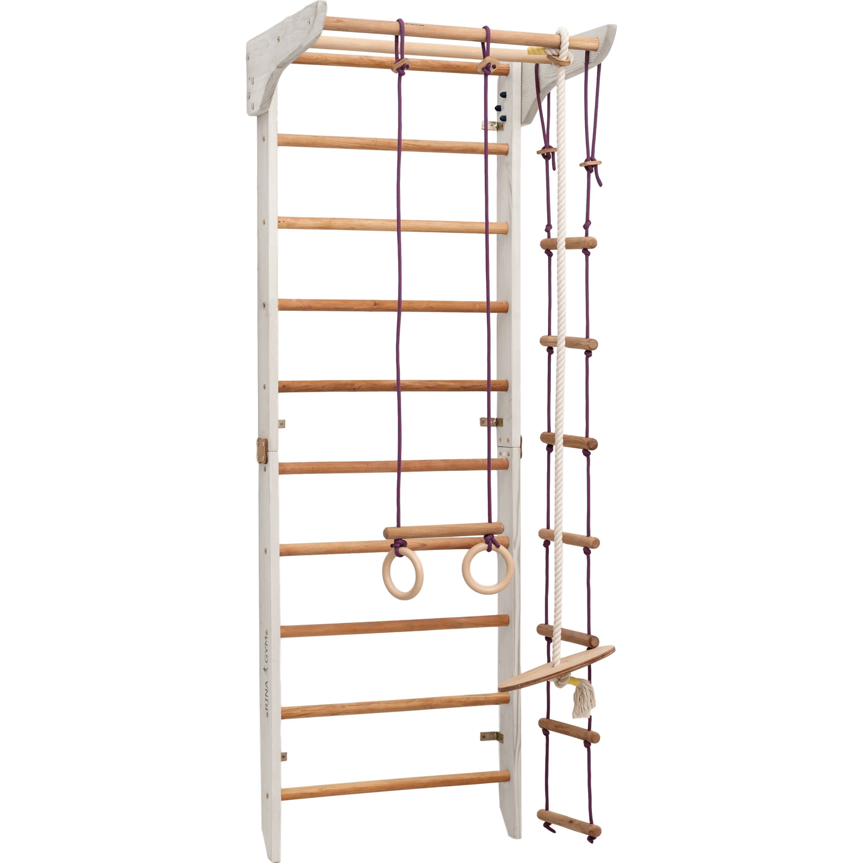 RINAGYM Gymnastics Play Set for Kids - Wooden Indoor & Outdoor Jungle Gym - Wall & Monkey Bars, Pole, Gymnastic Rings, Climbing Rope, Removable Beam, Swedish Ladder, Swing - Children 2yrs & Up (Kinder 2 white)