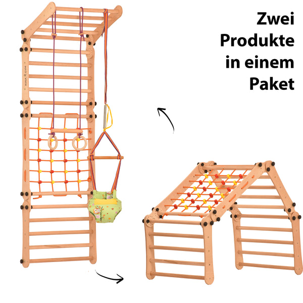 Modulares Klettergerüst für Heimtraining – Indoor Sprossenwand mit Netz, Hangelleiter & Turnringen – freistehend oder wandmontierbar – bis 75 kg 5P5P7S5P