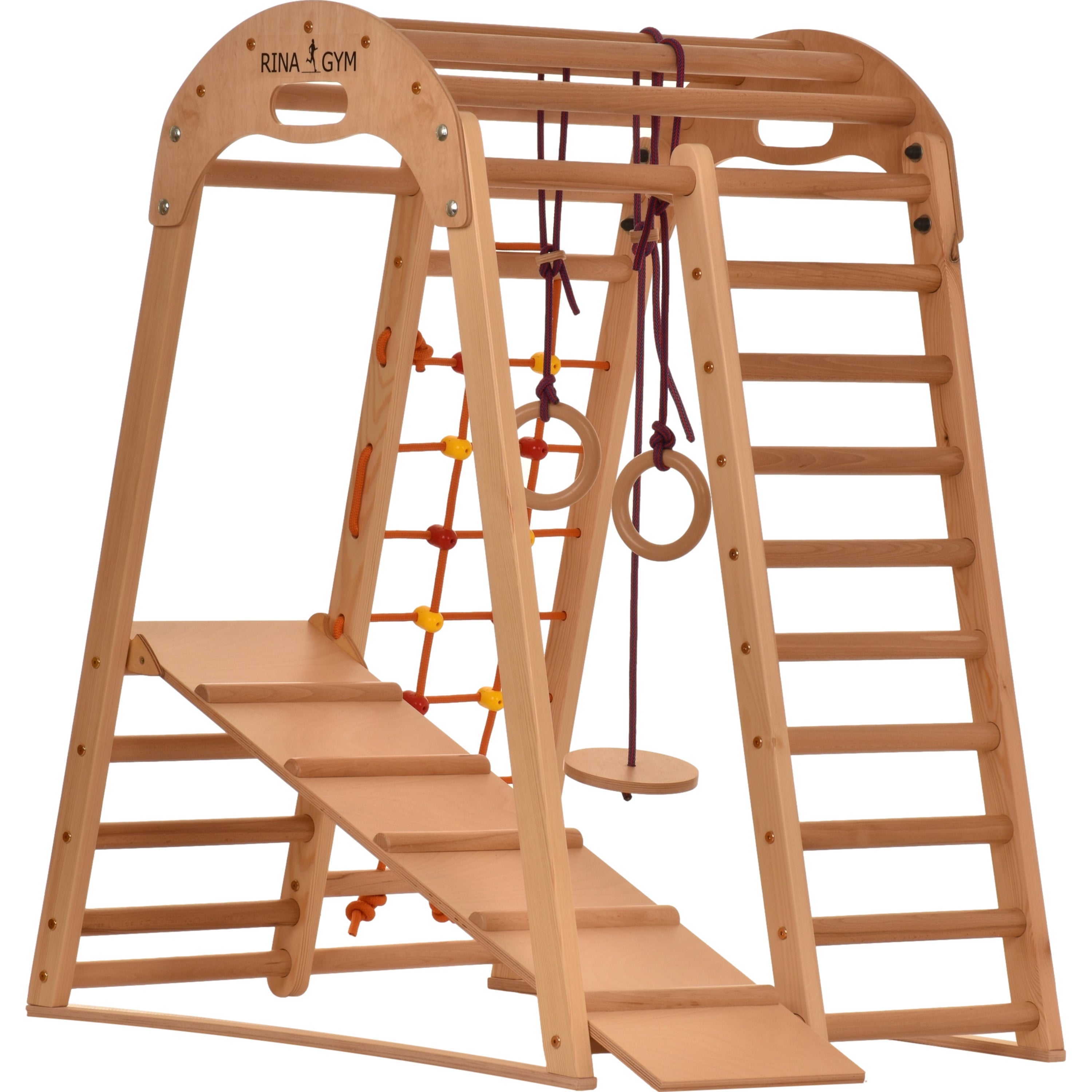 RINAGYM Aire de Jeu - Terrain de Jeu Intérieur en Bois Enfants 1 à 5 Ans et Plus, Maison, École - Filet à Grimper, Échelle Suédoise, Anneaux, Toboggan - Cadre Sûr en Bouleau - Capacité 60 kg  (Naturelle)