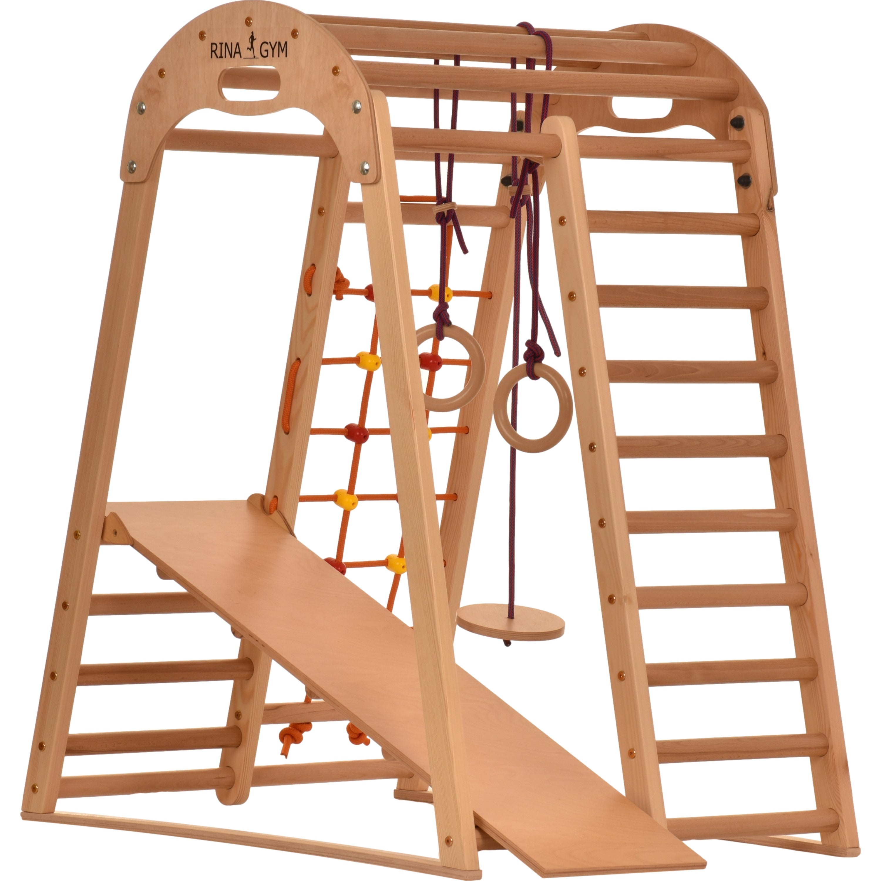 RINAGYM Aire de Jeu - Terrain de Jeu Intérieur en Bois Enfants 1 à 5 Ans et Plus, Maison, École - Filet à Grimper, Échelle Suédoise, Anneaux, Toboggan - Cadre Sûr en Bouleau - Capacité 60 kg  (Naturelle)