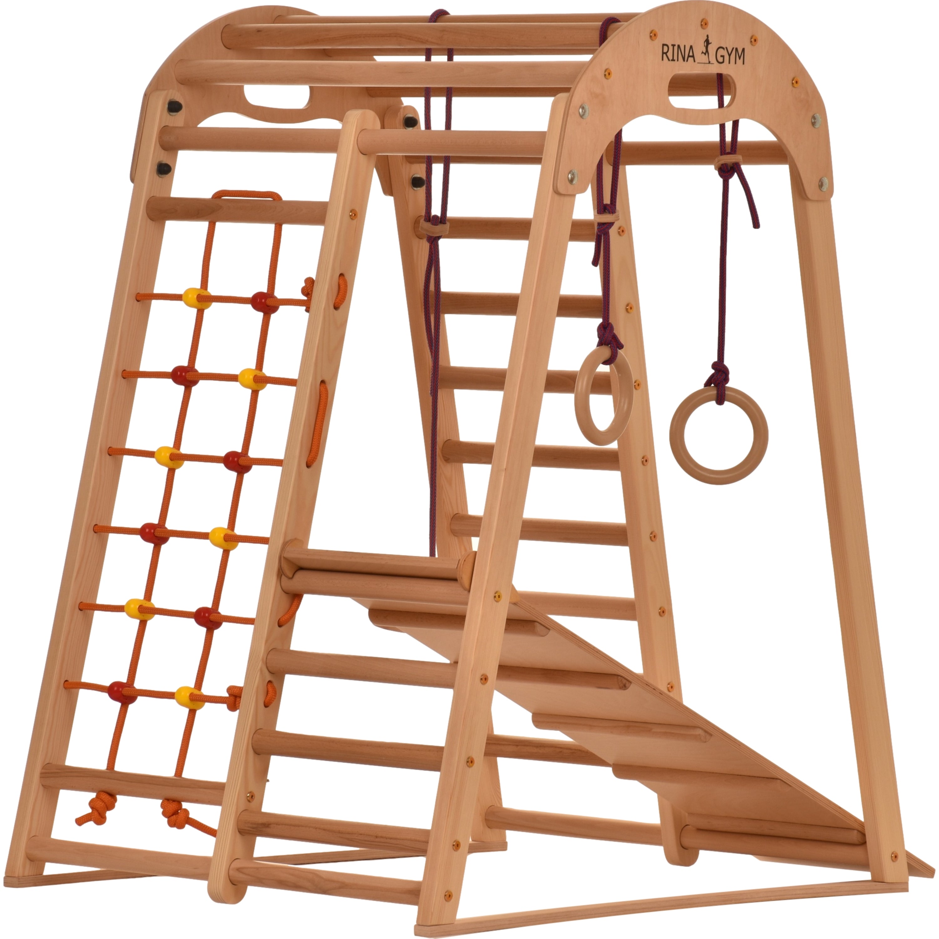 RINAGYM Aire de Jeu - Terrain de Jeu Intérieur en Bois Enfants 1 à 5 Ans et Plus, Maison, École - Filet à Grimper, Échelle Suédoise, Anneaux, Toboggan - Cadre Sûr en Bouleau - Capacité 60 kg  (Naturelle)