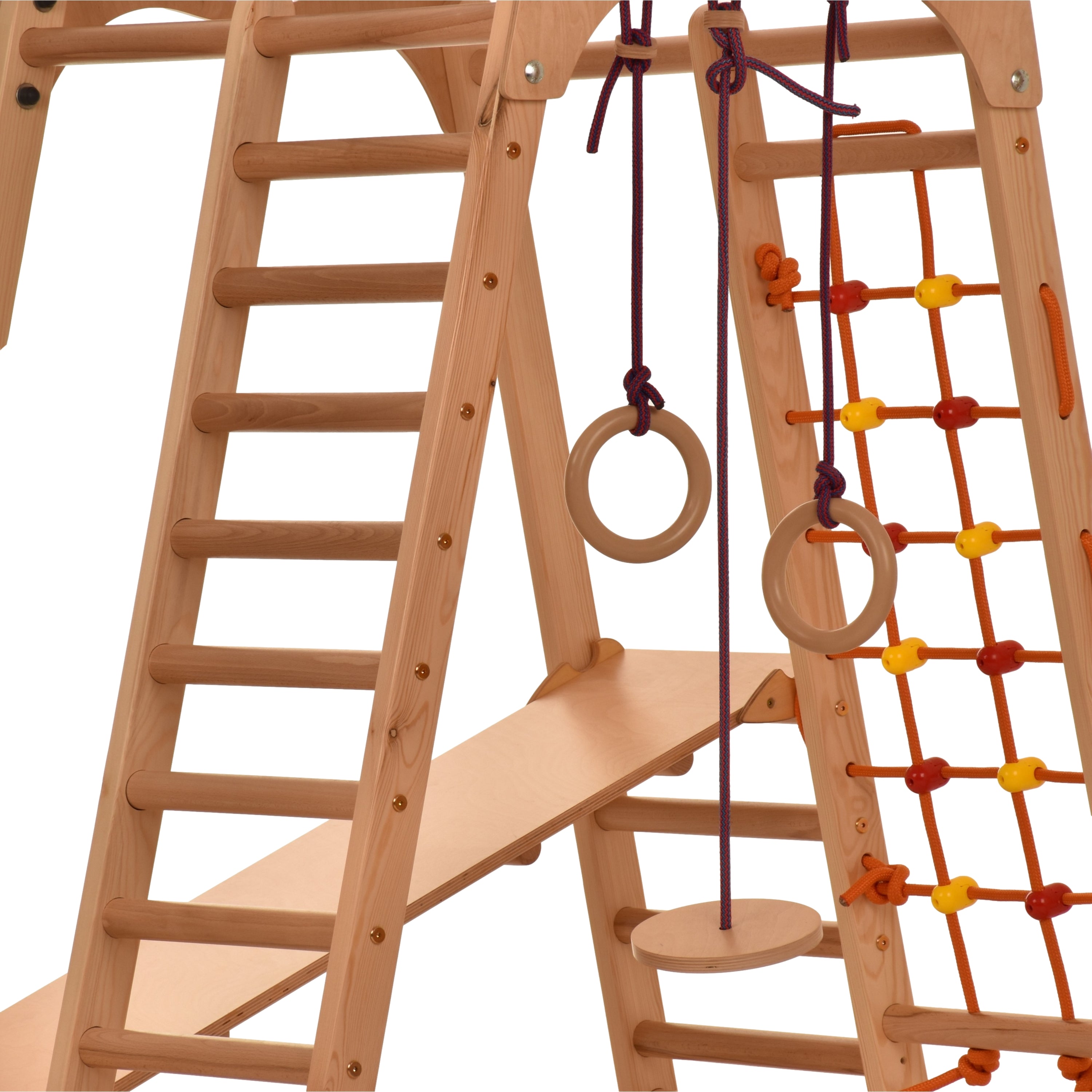 RINAGYM Aire de Jeu - Terrain de Jeu Intérieur en Bois Enfants 1 à 5 Ans et Plus, Maison, École - Filet à Grimper, Échelle Suédoise, Anneaux, Toboggan - Cadre Sûr en Bouleau - Capacité 60 kg  (Naturelle)