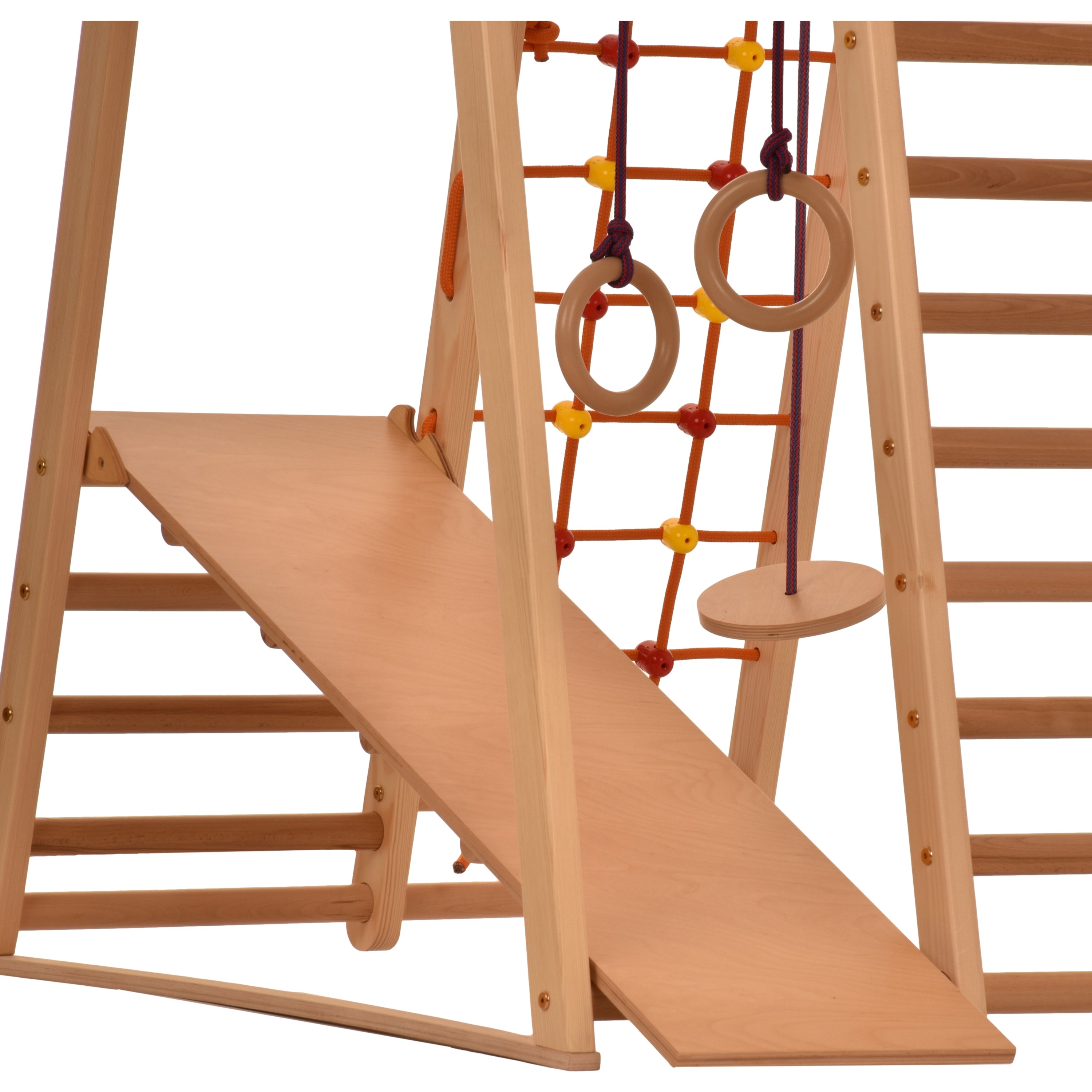 RINAGYM Aire de Jeu - Terrain de Jeu Intérieur en Bois Enfants 1 à 5 Ans et Plus, Maison, École - Filet à Grimper, Échelle Suédoise, Anneaux, Toboggan - Cadre Sûr en Bouleau - Capacité 60 kg  (Naturelle)