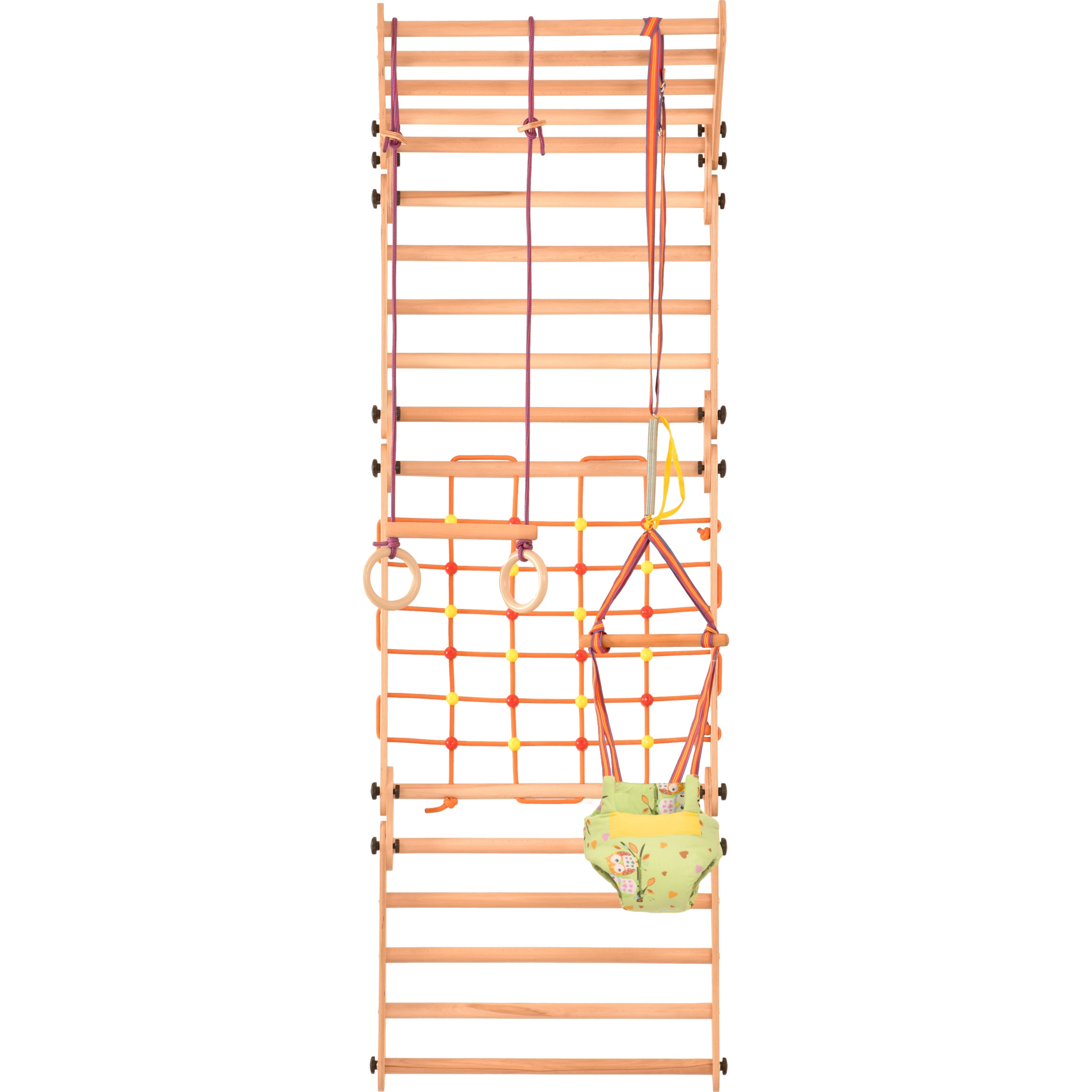 Climbing wall for children 2 in 1 - Climbing frame with Swedish climbing wall made of wood with 4 parts: a jumper, a net, gymnastic rings, a Swedish ladder. Indoor 
climbing frame for toddlers 5P5P7S5P