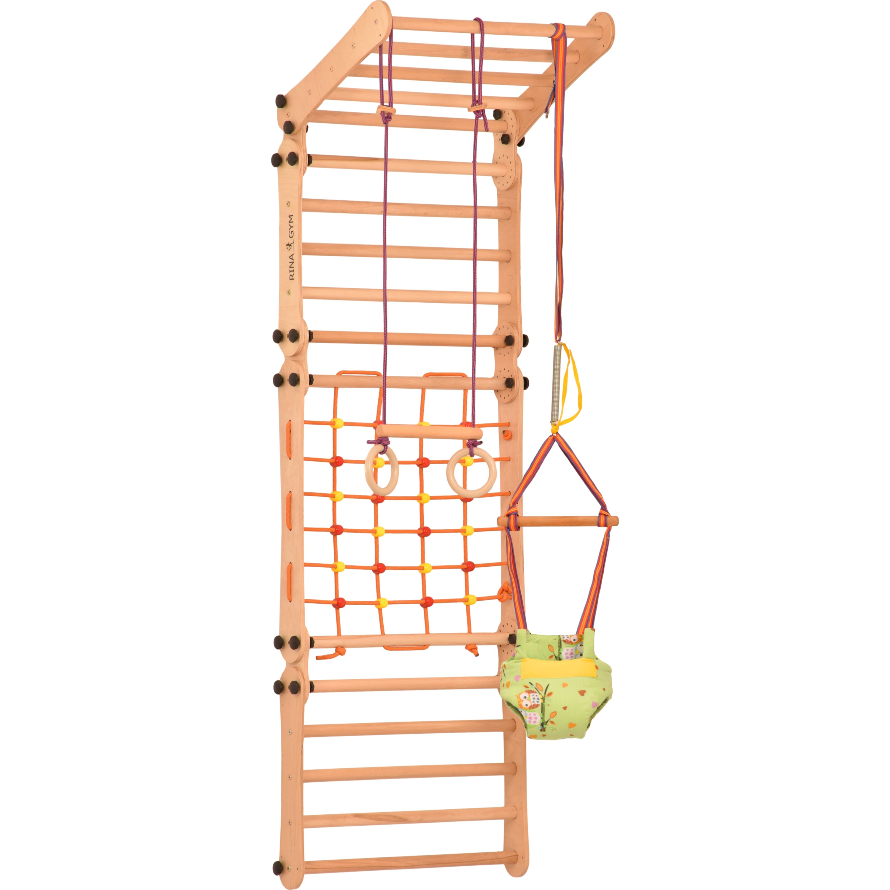 Climbing wall for children 2 in 1 - Climbing frame with Swedish climbing wall made of wood with 4 parts: a jumper, a net, gymnastic rings, a Swedish ladder. Indoor 
climbing frame for toddlers 5P5P7S5P