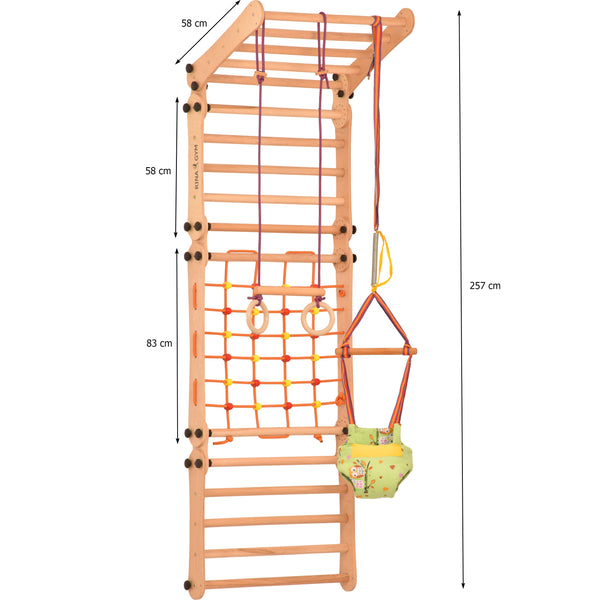 Modulares Klettergerüst für Heimtraining – Indoor Sprossenwand mit Netz, Hangelleiter & Turnringen – freistehend oder wandmontierbar – bis 75 kg 5P5P7S5P