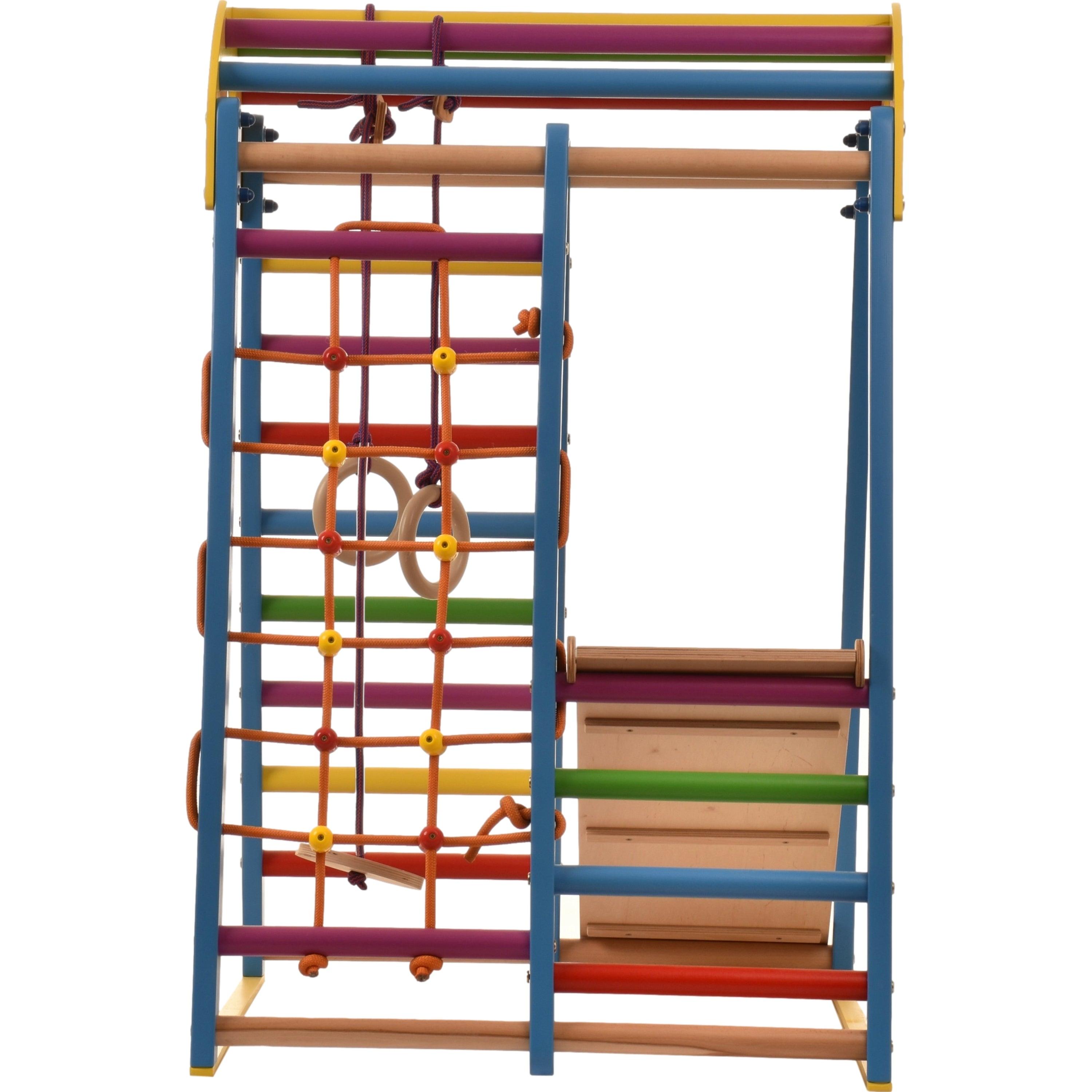 Kletterdreieck Indoor-Spielplatz aus Holz für Kinder - Kletternetz, schwedische Leiter, Ringe, Rutsche - Ideal für 1 bis 5 Jahre - Trägt - RINAGYM GmbH