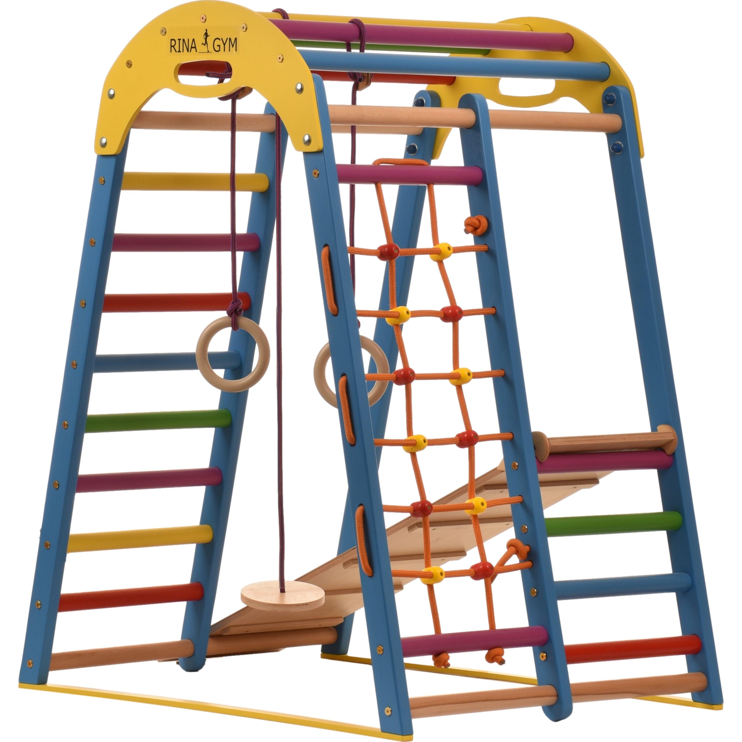 Kletterdreieck Indoor-Spielplatz aus Holz für Kinder - Kletternetz, schwedische Leiter, Ringe, Rutsche - Ideal für 1 bis 5 Jahre - Trägt - RINAGYM GmbH