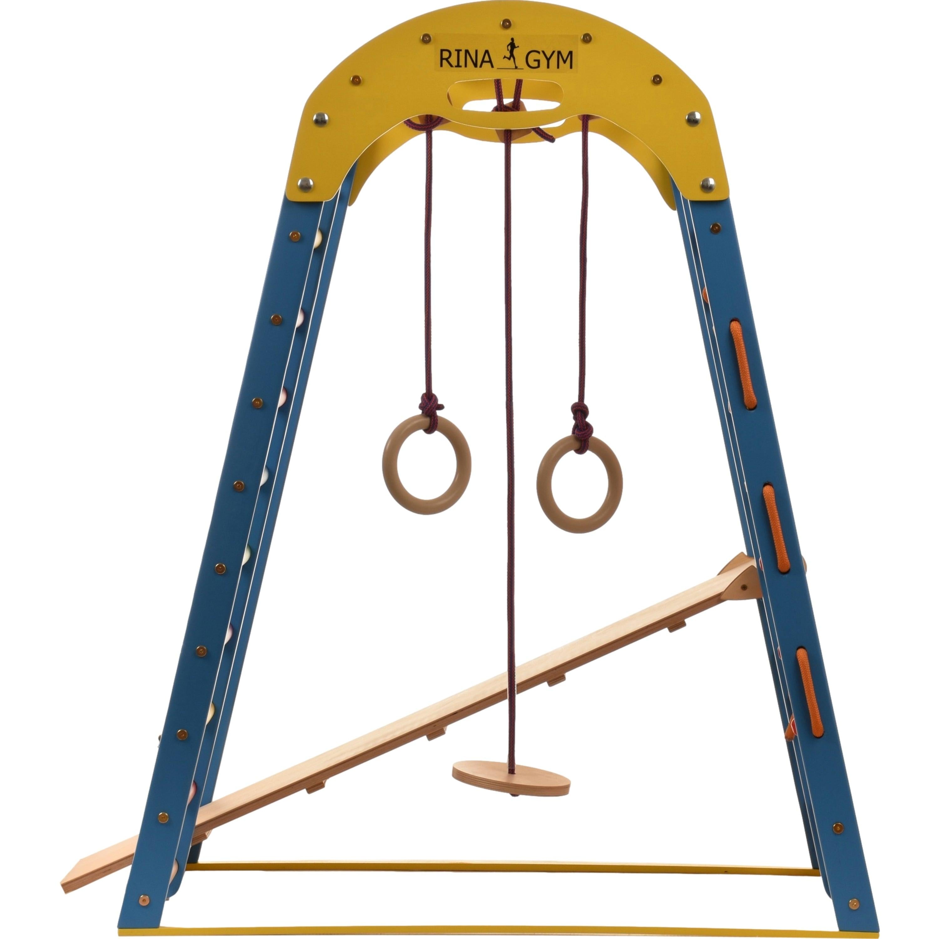 Kletterdreieck Indoor-Spielplatz aus Holz für Kinder - Kletternetz, schwedische Leiter, Ringe, Rutsche - Ideal für 1 bis 5 Jahre - Trägt - RINAGYM GmbH