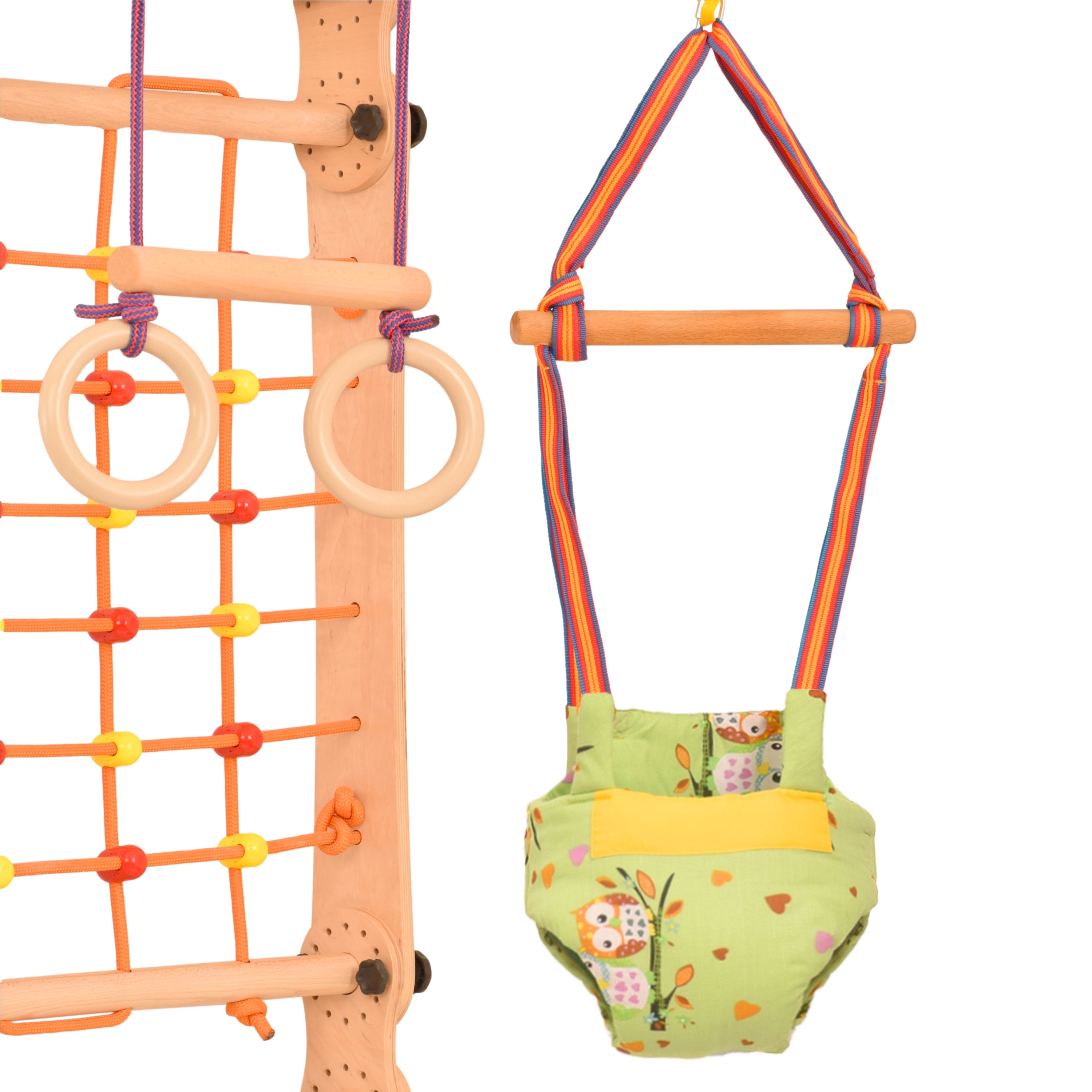 Aire de jeux 2 en 1 – Escalade enfant suédois en bois. Triangle enfant en quatre parties - saut, filet, anneaux de gymnastique, échelle suédoise, glissière. Gym enfant, jeux enfant exterieur 3 ans. 5P5P7S5P+SLIDE