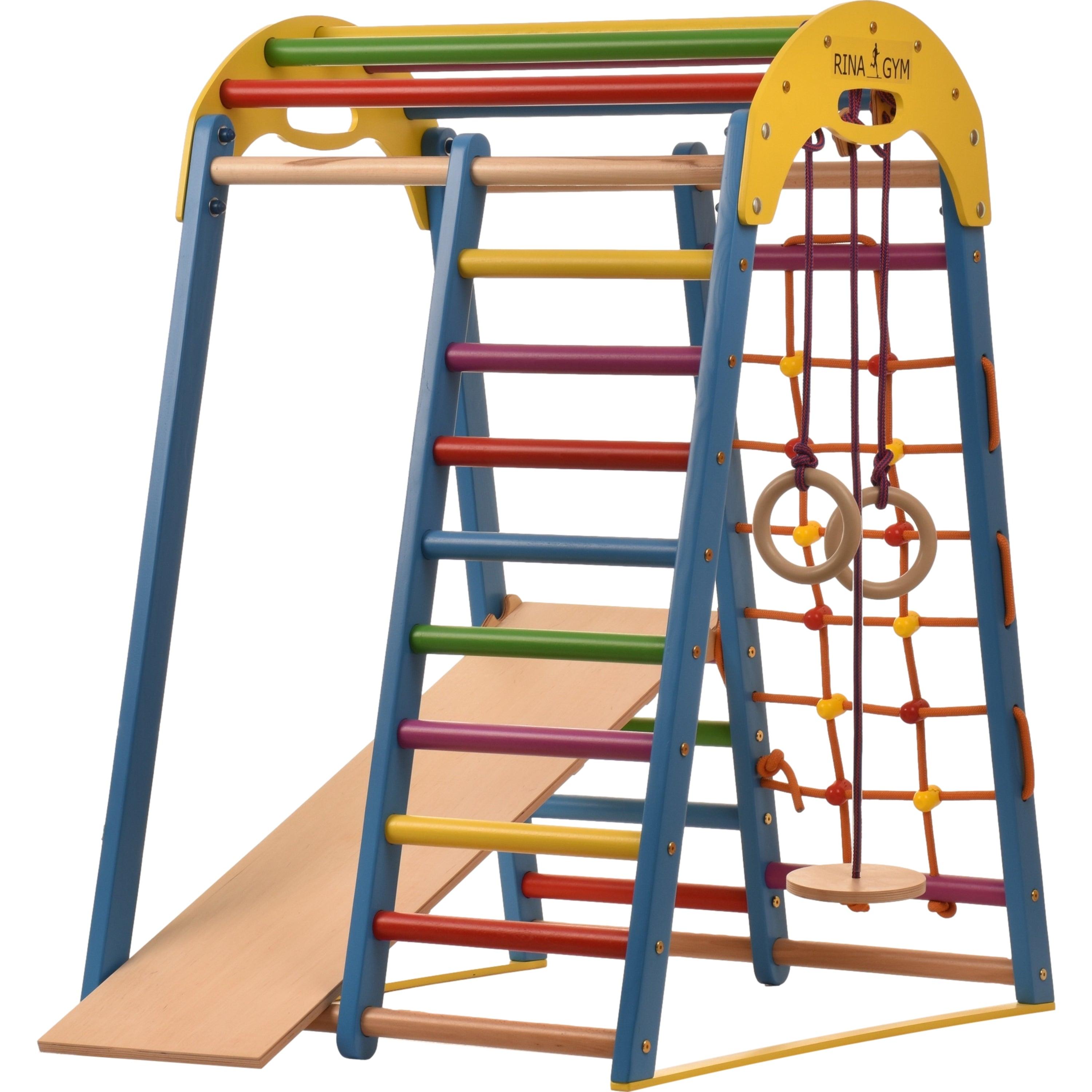 Kletterdreieck Indoor-Spielplatz aus Holz für Kinder - Kletternetz, schwedische Leiter, Ringe, Rutsche - Ideal für 1 bis 5 Jahre - Trägt - RINAGYM GmbH