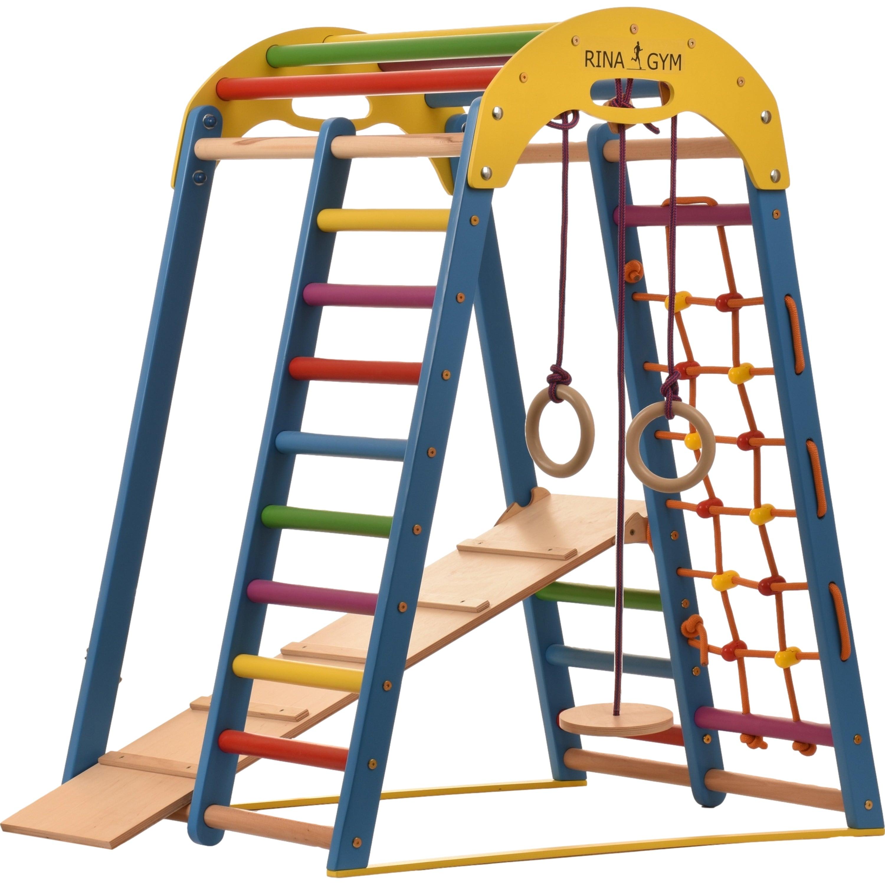 Kletterdreieck Indoor-Spielplatz aus Holz für Kinder - Kletternetz, schwedische Leiter, Ringe, Rutsche - Ideal für 1 bis 5 Jahre - Trägt - RINAGYM GmbH