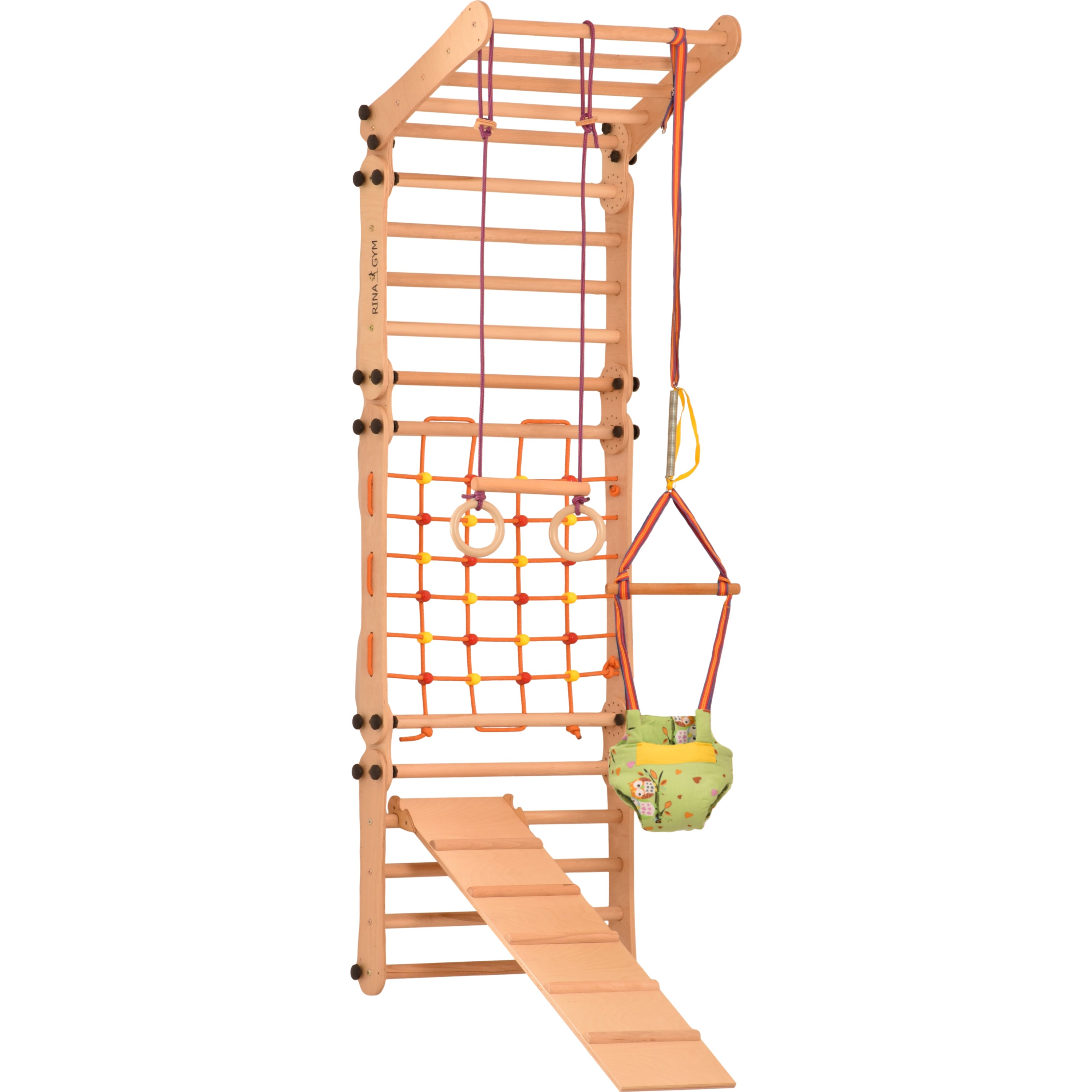 Aire de jeux 2 en 1 – Escalade enfant suédois en bois. Triangle enfant en quatre parties - saut, filet, anneaux de gymnastique, échelle suédoise, glissière. Gym enfant, jeux enfant exterieur 3 ans. 5P5P7S5P+SLIDE