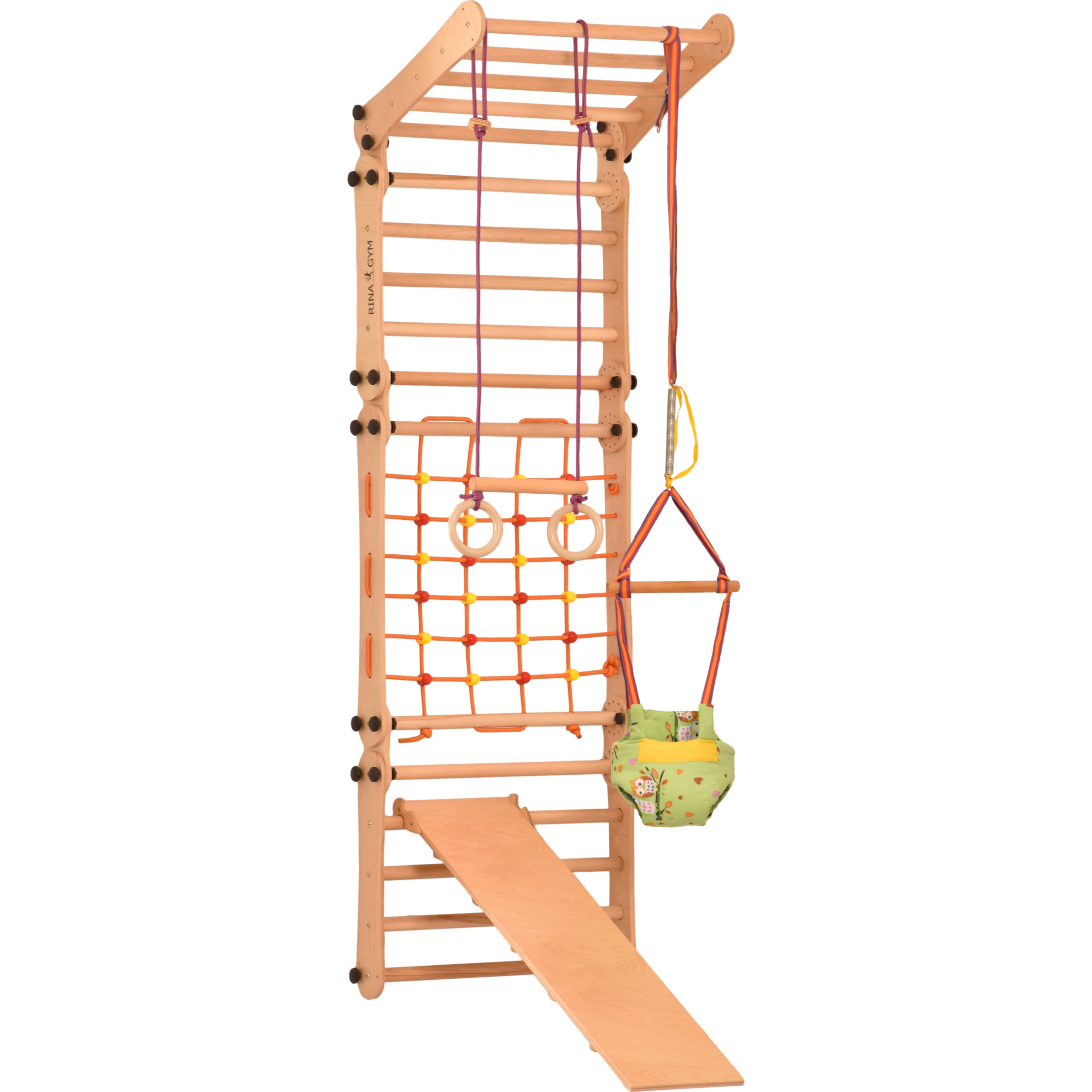 Aire de jeux 2 en 1 – Escalade enfant suédois en bois. Triangle enfant en quatre parties - saut, filet, anneaux de gymnastique, échelle suédoise, glissière. Gym enfant, jeux enfant exterieur 3 ans. 5P5P7S5P+SLIDE