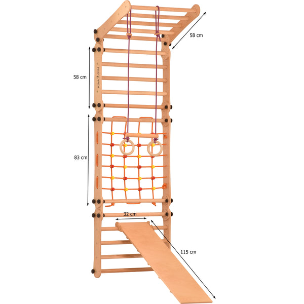 Multifunktionale Kletterwand für Kinder & Erwachsene – Sprossenwand mit Seil, Netz & Ringen für Heimtraining, platzsparend & flexibel 5P5P7S5P+SLIDE