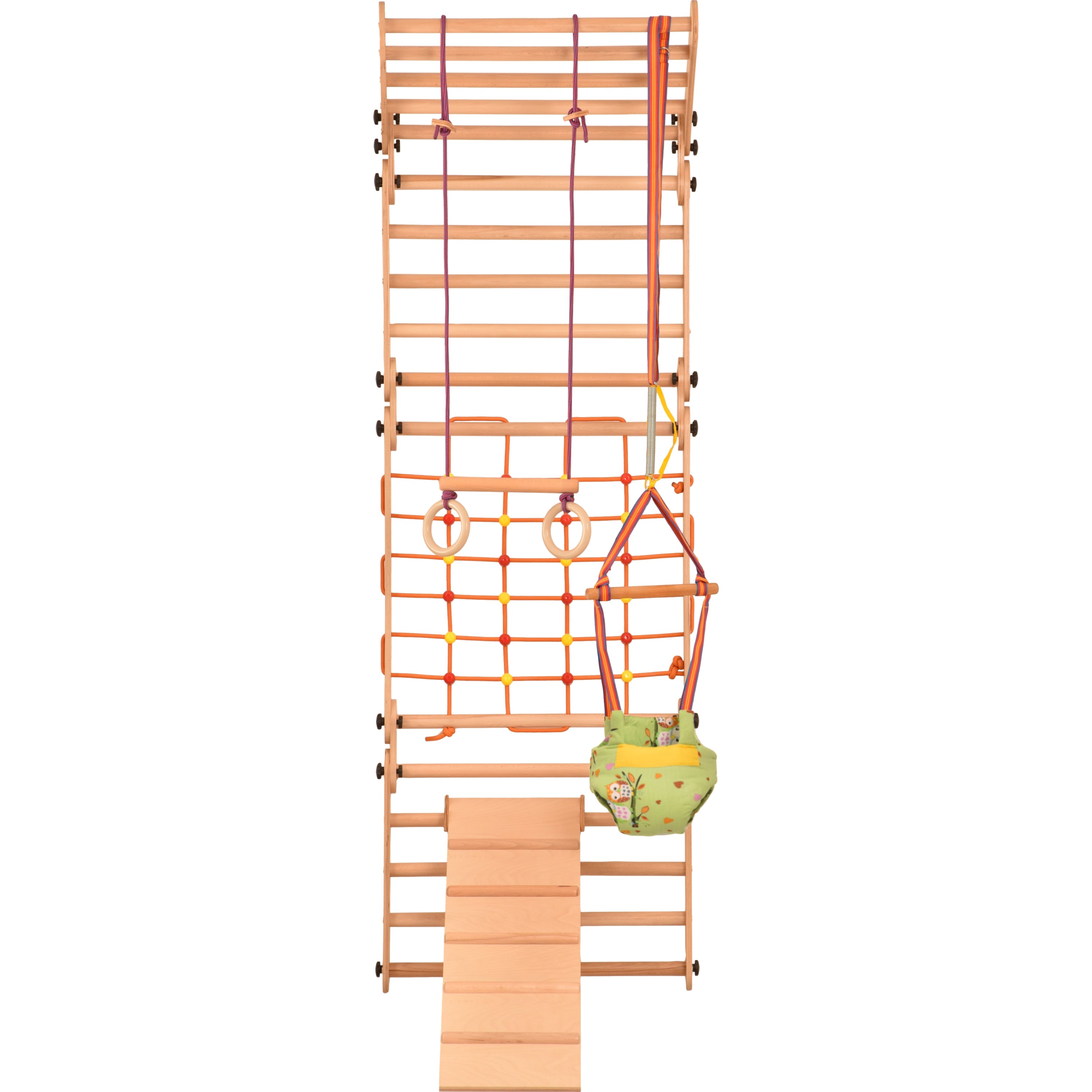 Aire de jeux 2 en 1 – Escalade enfant suédois en bois. Triangle enfant en quatre parties - saut, filet, anneaux de gymnastique, échelle suédoise, glissière. Gym enfant, jeux enfant exterieur 3 ans. 5P5P7S5P+SLIDE