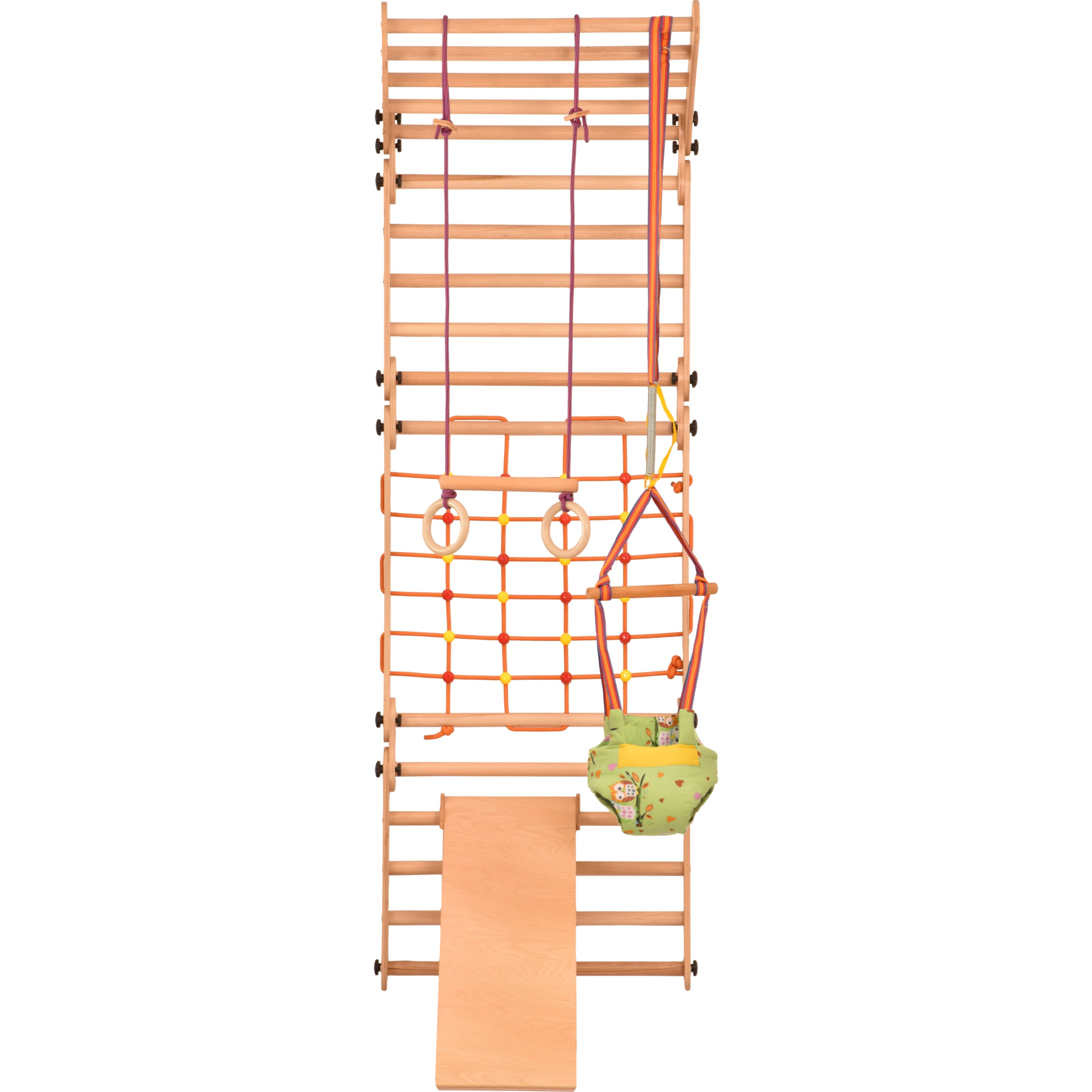 Aire de jeux 2 en 1 – Escalade enfant suédois en bois. Triangle enfant en quatre parties - saut, filet, anneaux de gymnastique, échelle suédoise, glissière. Gym enfant, jeux enfant exterieur 3 ans. 5P5P7S5P+SLIDE