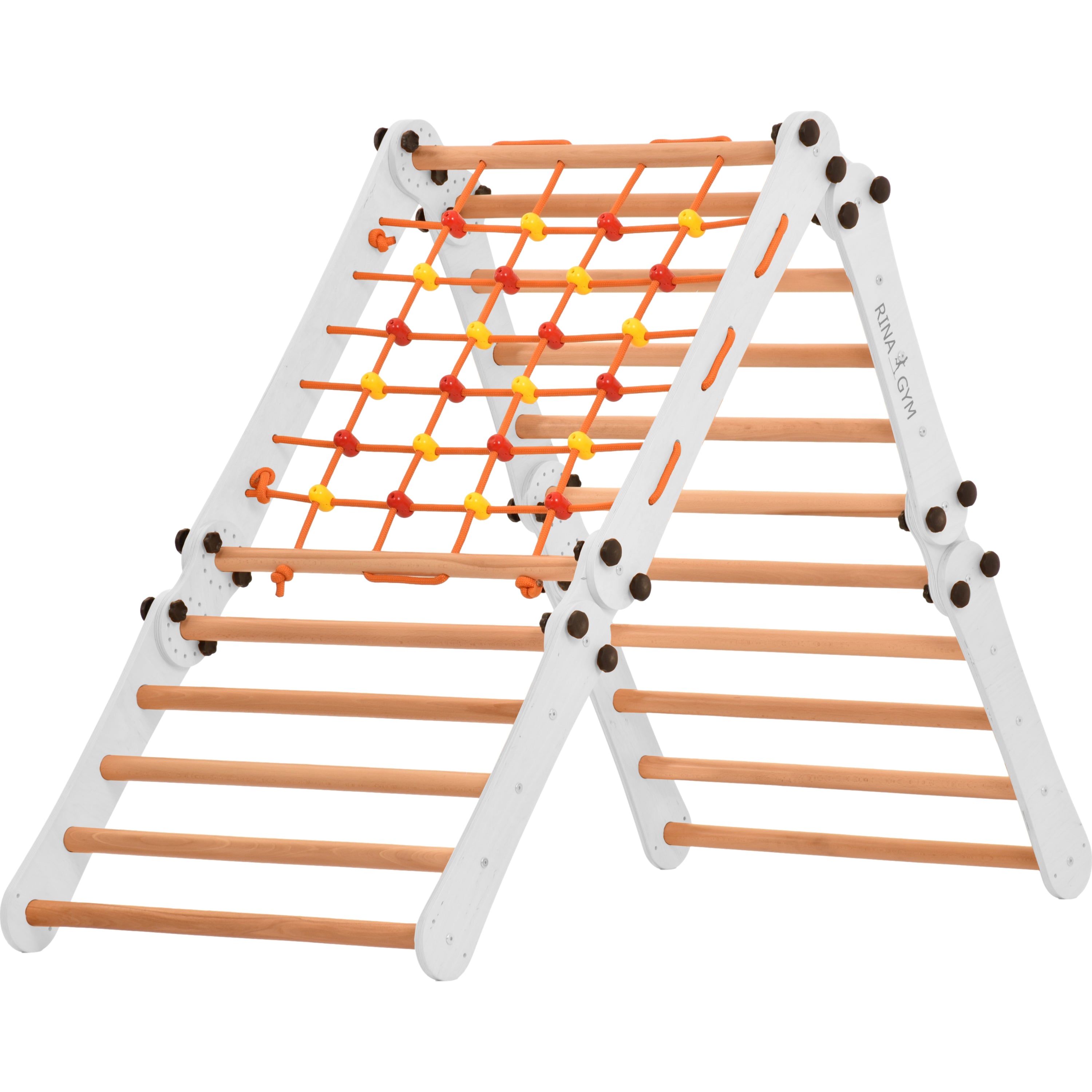 Climbing wall for children 2 in 1 - Climbing frame with Swedish climbing wall made of  wood with 4 parts: a jumper, a net, gymnastic rings, a Swedish ladder. Indoor climbing frame for toddlers  (5P5P7S5P+WHITE)