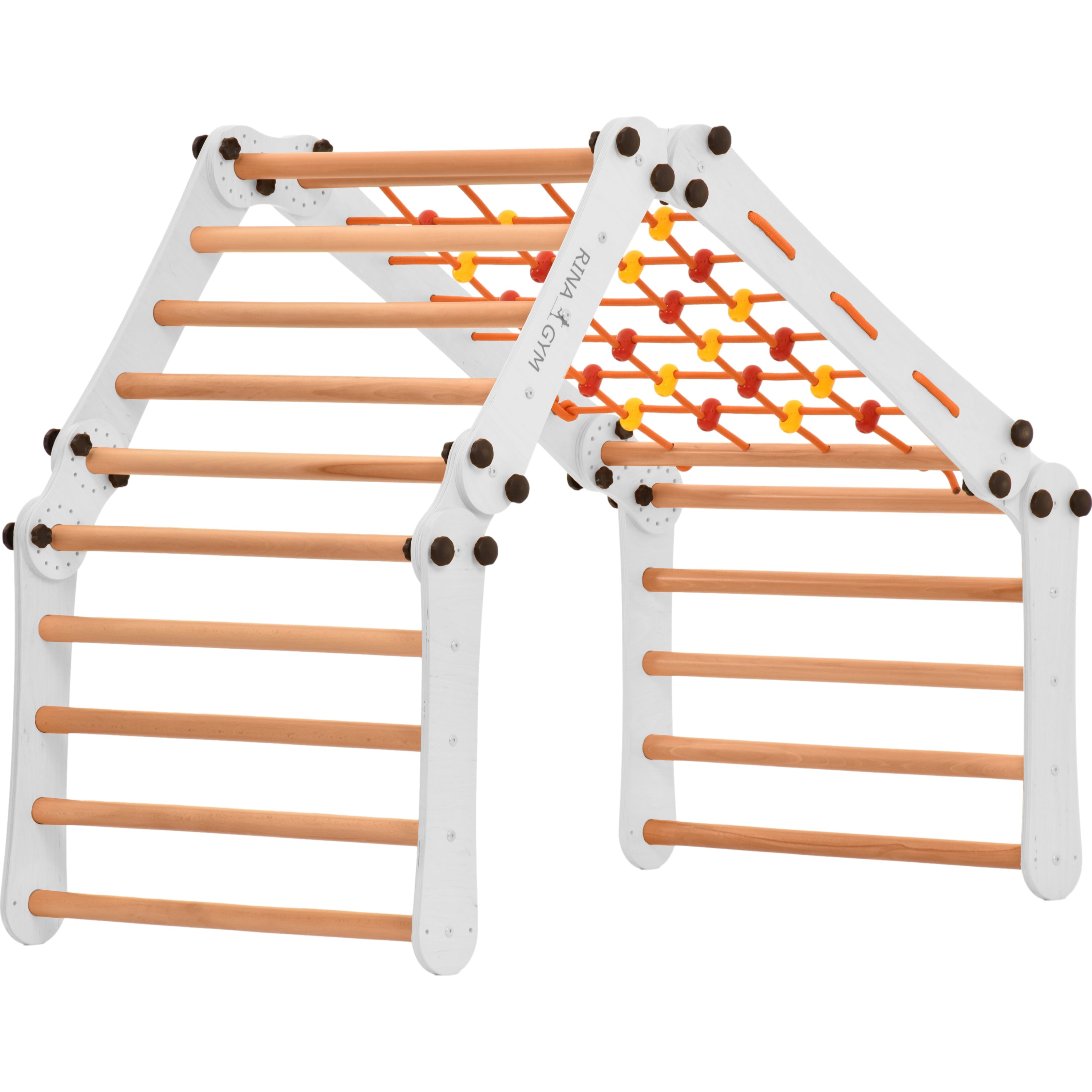 Climbing wall for children 2 in 1 - Climbing frame with Swedish climbing wall made of  wood with 4 parts: a jumper, a net, gymnastic rings, a Swedish ladder. Indoor climbing frame for toddlers  (5P5P7S5P+WHITE)