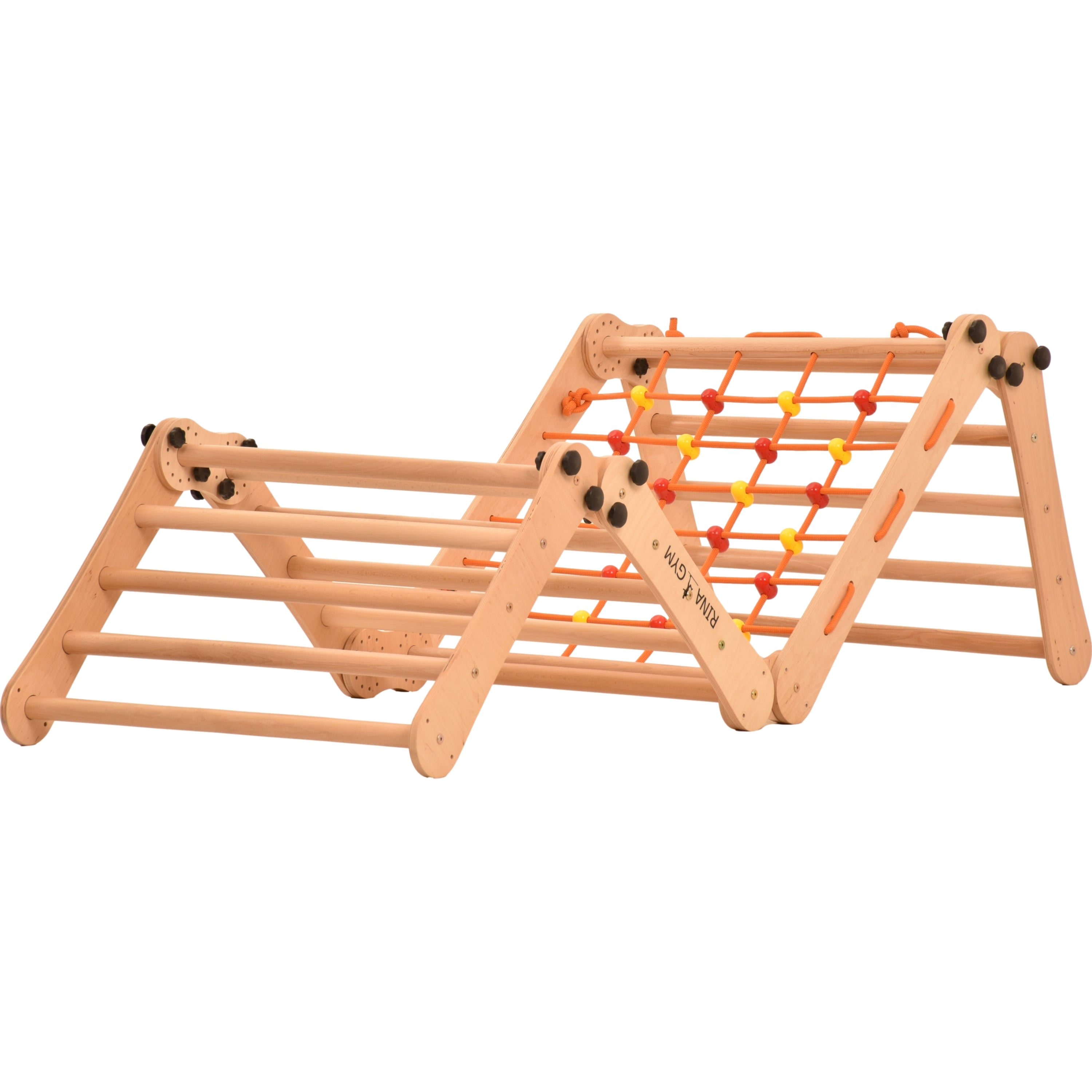 Climbing wall for children 2 in 1 - Climbing frame with Swedish climbing wall made of wood with 4 parts: a jumper, a net, gymnastic rings, a Swedish ladder. Indoor 
climbing frame for toddlers 5P5P7S5P