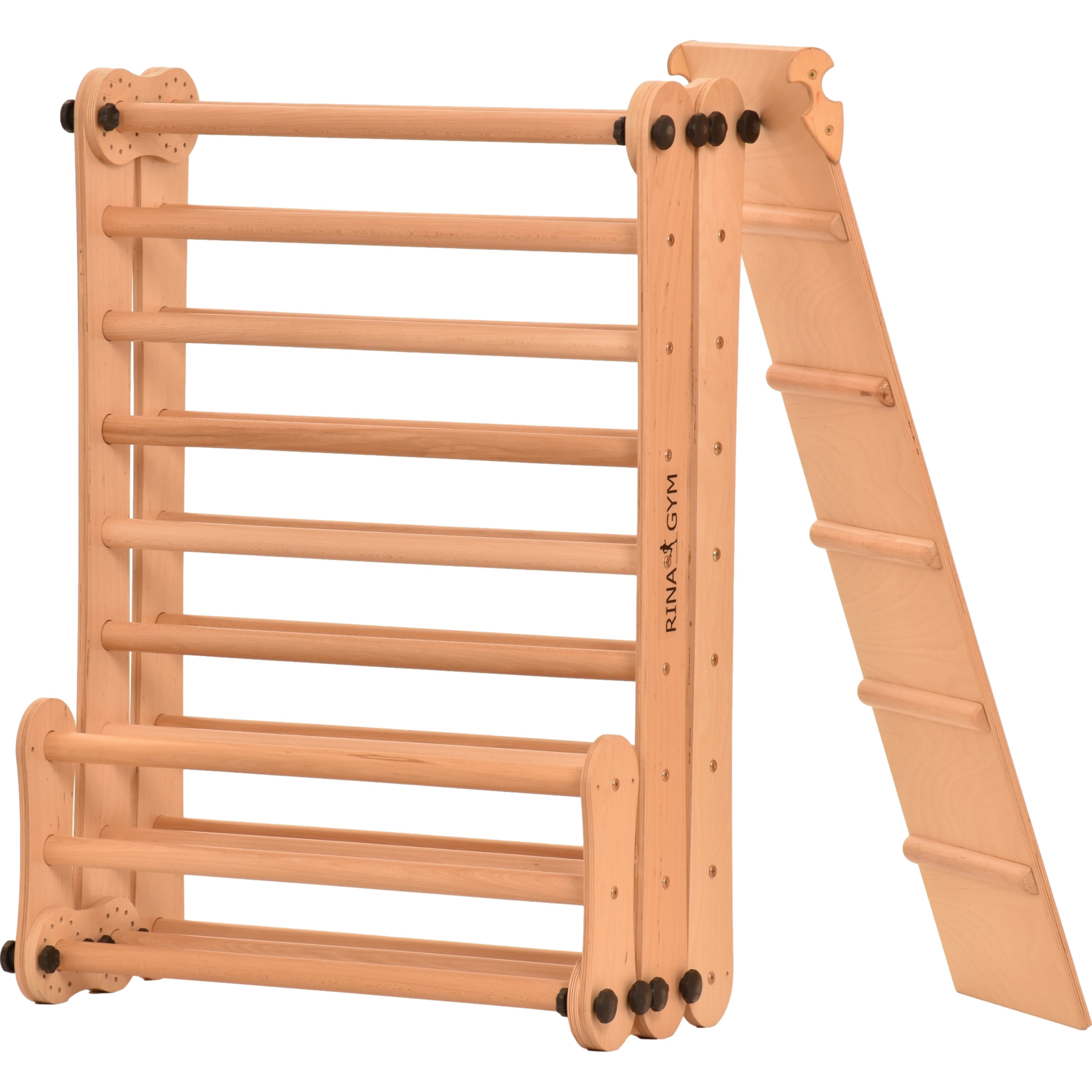 Climbing wall for children 2 in 1 - Climbing frame with Swedish climbing wall made of wood with 4 parts: a jumper, a net, gymnastic rings, a Swedish ladder, a slide. Indoor 
climbing frame for toddlers 3P9P9P+SLIDE