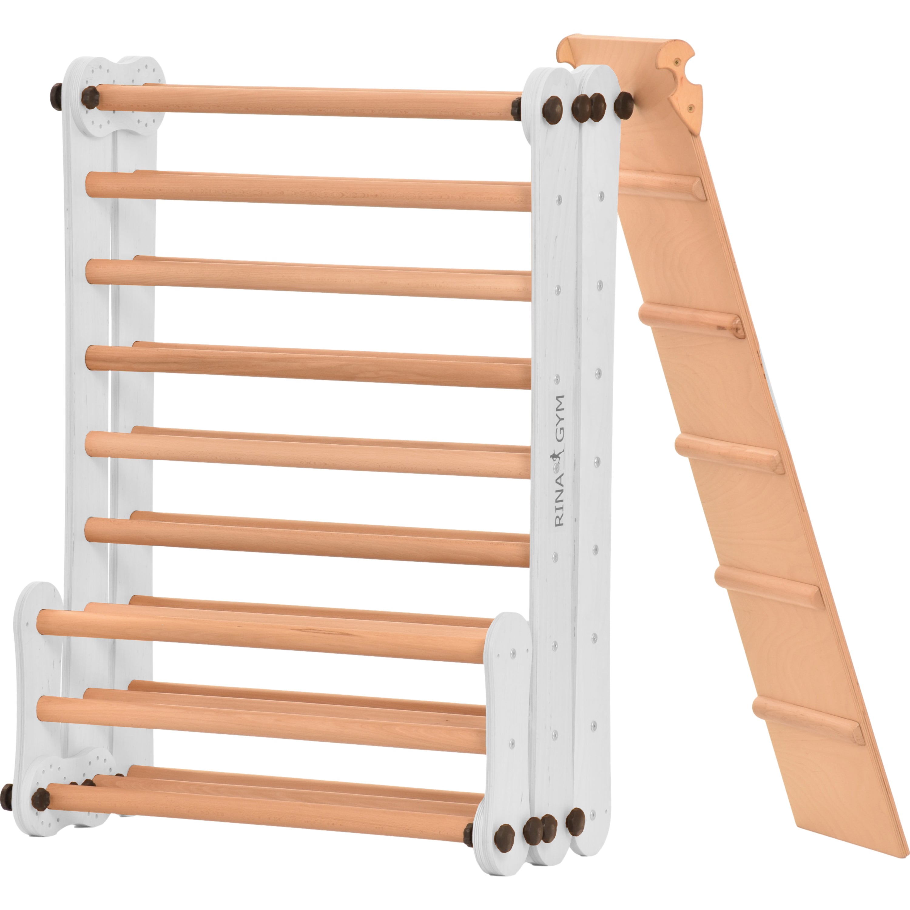 Sprossenwand für Heimtraining mit Kletternetz, Turnringen & Seil – Indoor-Fitnessgerät für Kinder & Erwachsene, wand- & bodenmontierbar 3P9P9P+SLIDE-WHITE