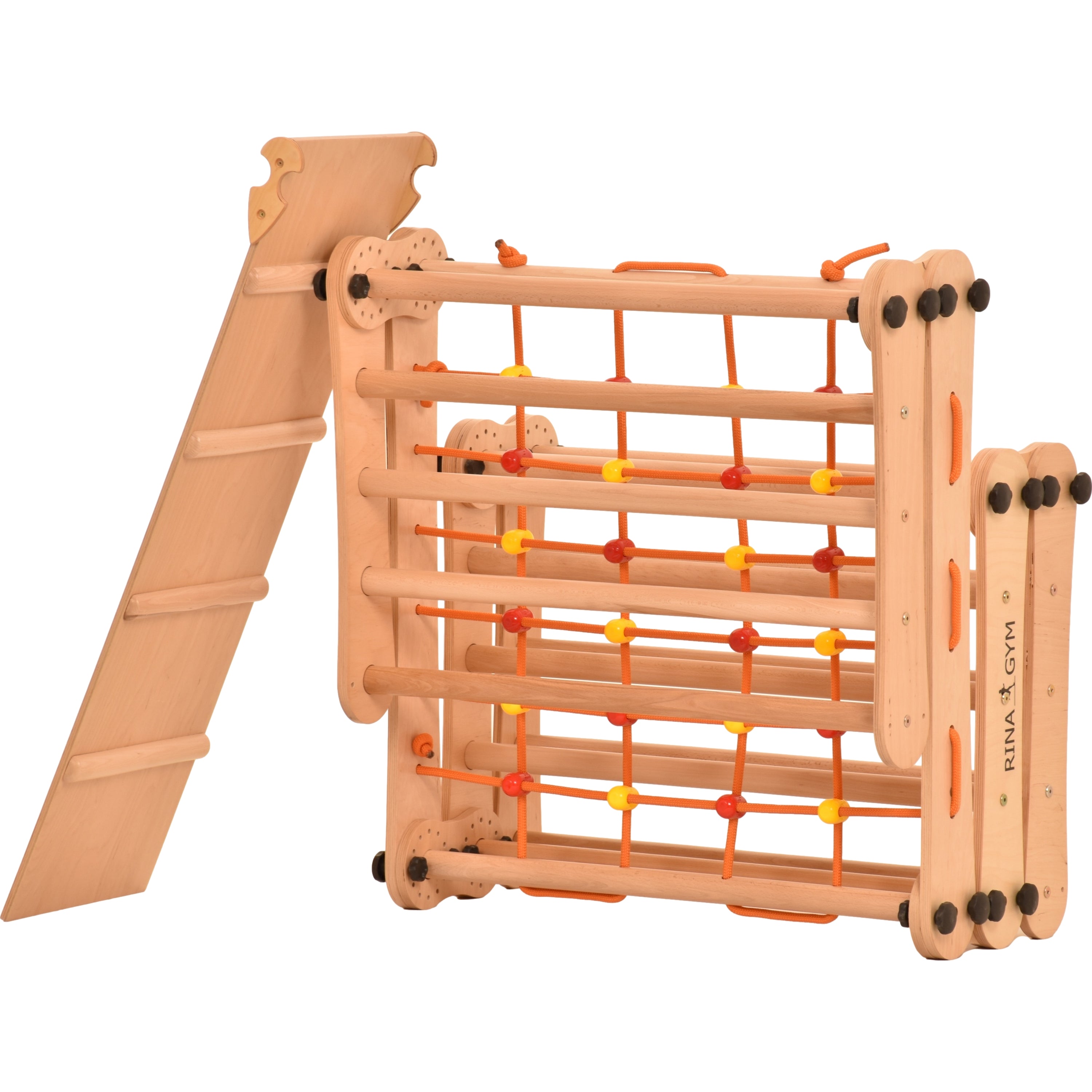 Aire de jeux 2 en 1 – Escalade enfant suédois en bois. Triangle enfant en quatre parties - saut, filet, anneaux de gymnastique, échelle suédoise, glissière. Gym enfant, jeux enfant exterieur 3 ans. 5P5P7S5P+SLIDE