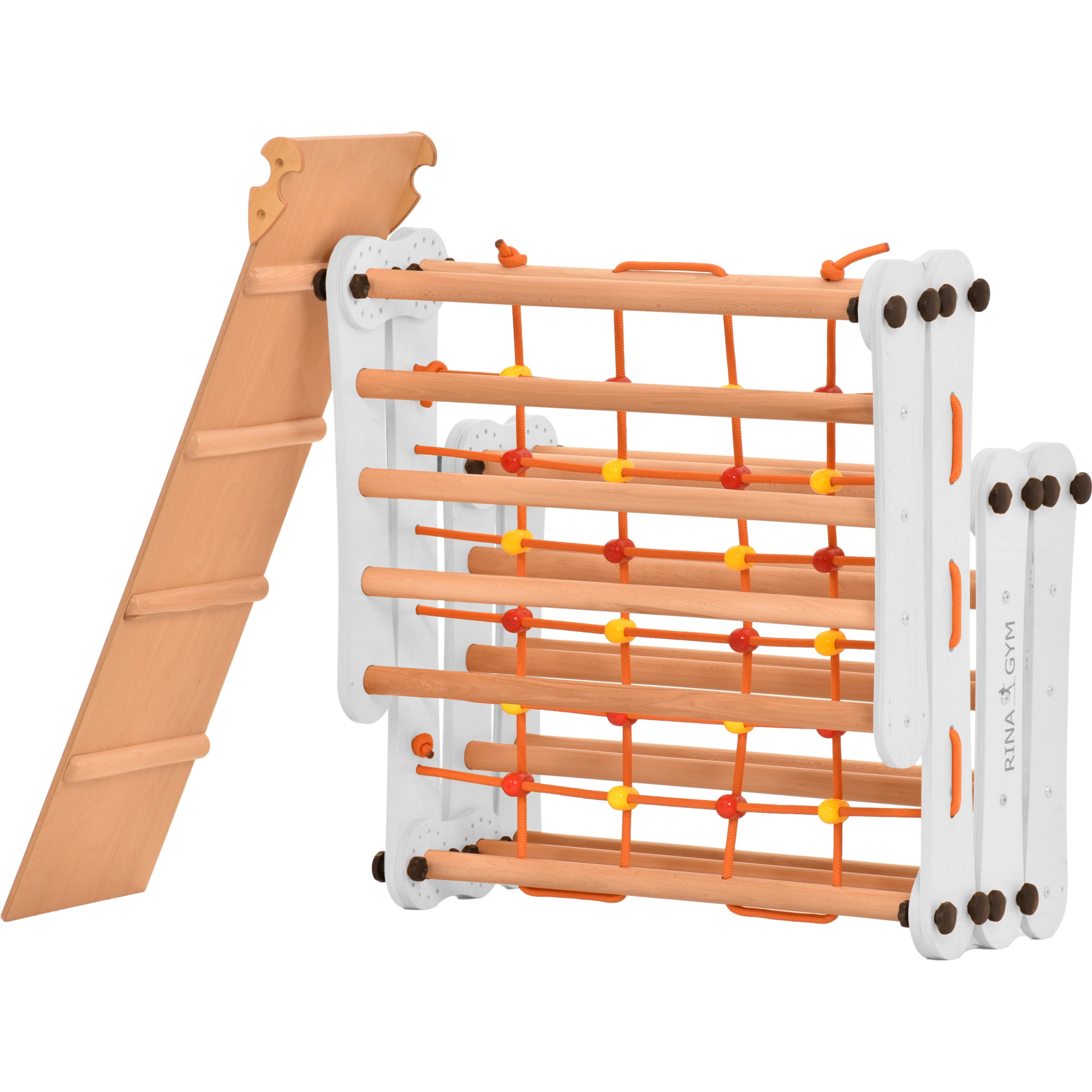 Sprossenwand für Heimtraining mit Kletternetz, Turnringen & Seil – Indoor-Fitnessgerät für Kinder & Erwachsene, wand- & bodenmontierbar 5P5P7S5P+SLIDE-WHITE