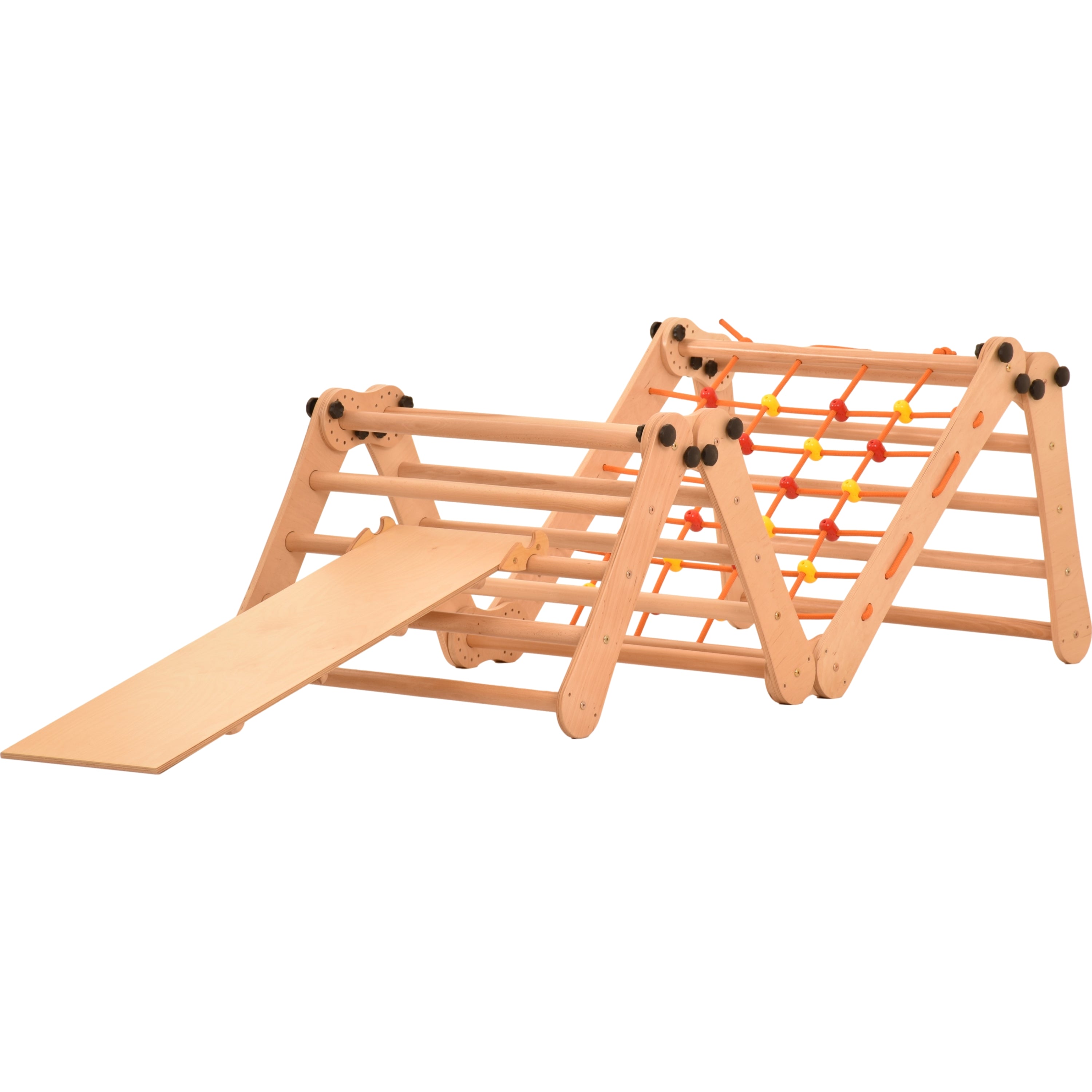 Aire de jeux 2 en 1 – Escalade enfant suédois en bois. Triangle enfant en quatre parties - saut, filet, anneaux de gymnastique, échelle suédoise, glissière. Gym enfant, jeux enfant exterieur 3 ans. 5P5P7S5P+SLIDE