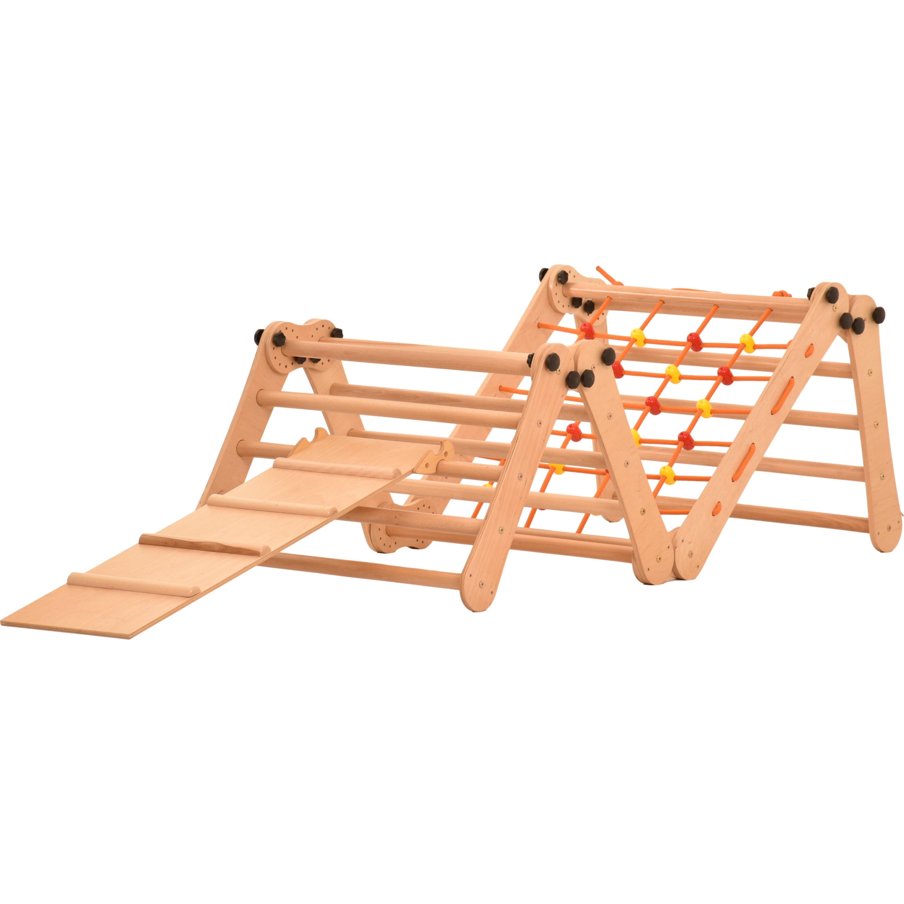 Aire de jeux 2 en 1 – Escalade enfant suédois en bois. Triangle enfant en quatre parties - saut, filet, anneaux de gymnastique, échelle suédoise, glissière. Gym enfant, jeux enfant exterieur 3 ans. 5P5P7S5P+SLIDE