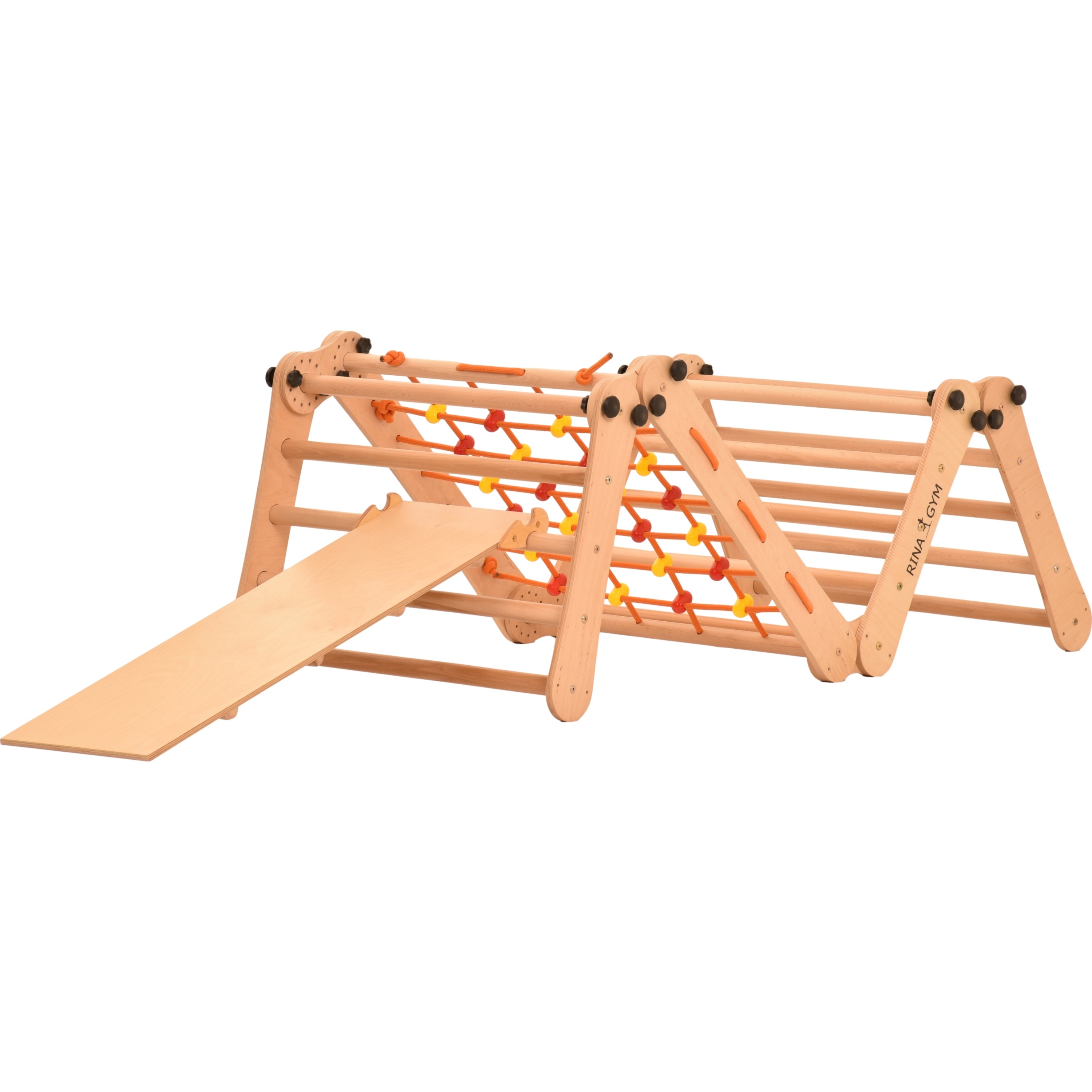 Aire de jeux 2 en 1 – Escalade enfant suédois en bois. Triangle enfant en quatre parties - saut, filet, anneaux de gymnastique, échelle suédoise, glissière. Gym enfant, jeux enfant exterieur 3 ans. 5P5P7S5P+SLIDE