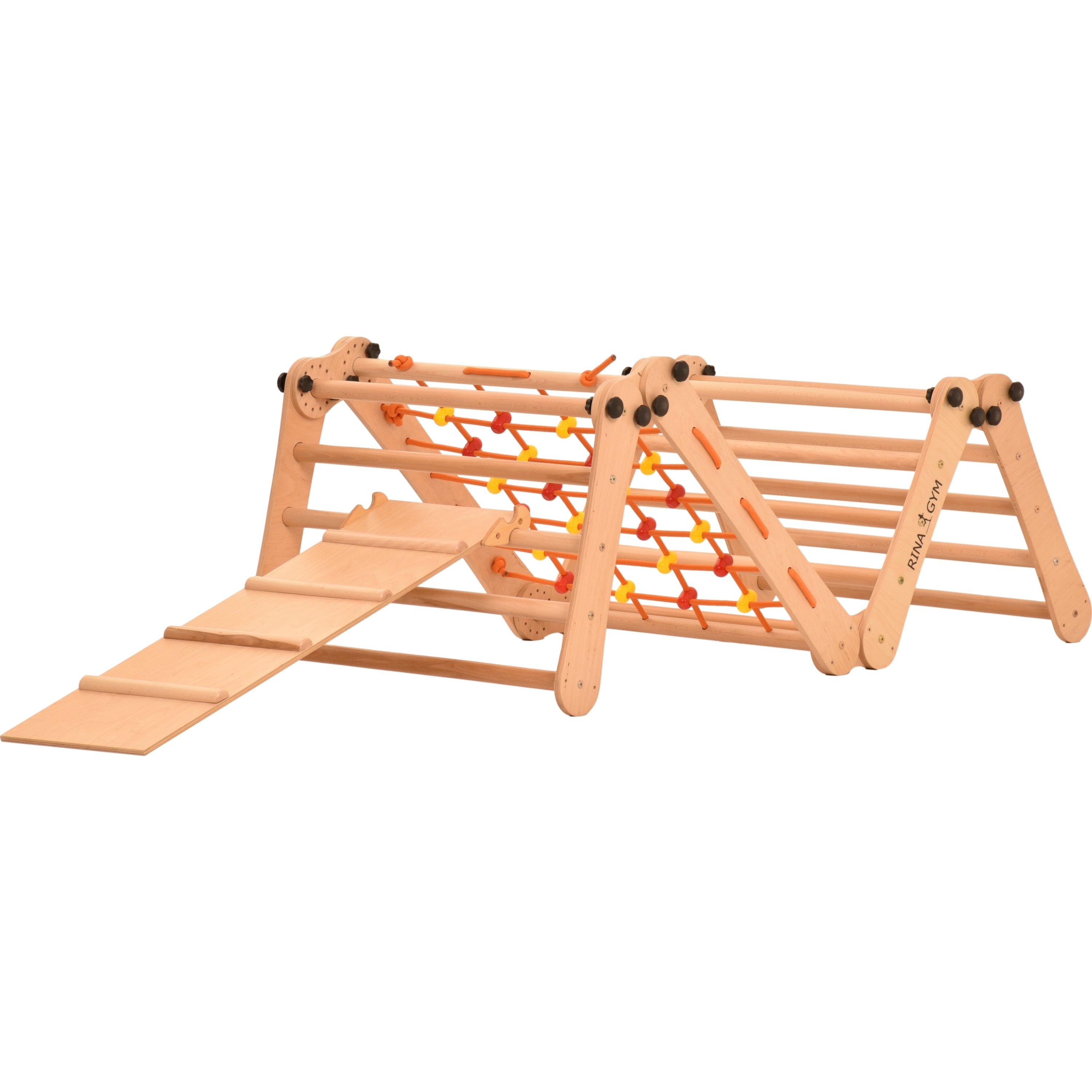 Aire de jeux 2 en 1 – Escalade enfant suédois en bois. Triangle enfant en quatre parties - saut, filet, anneaux de gymnastique, échelle suédoise, glissière. Gym enfant, jeux enfant exterieur 3 ans. 5P5P7S5P+SLIDE